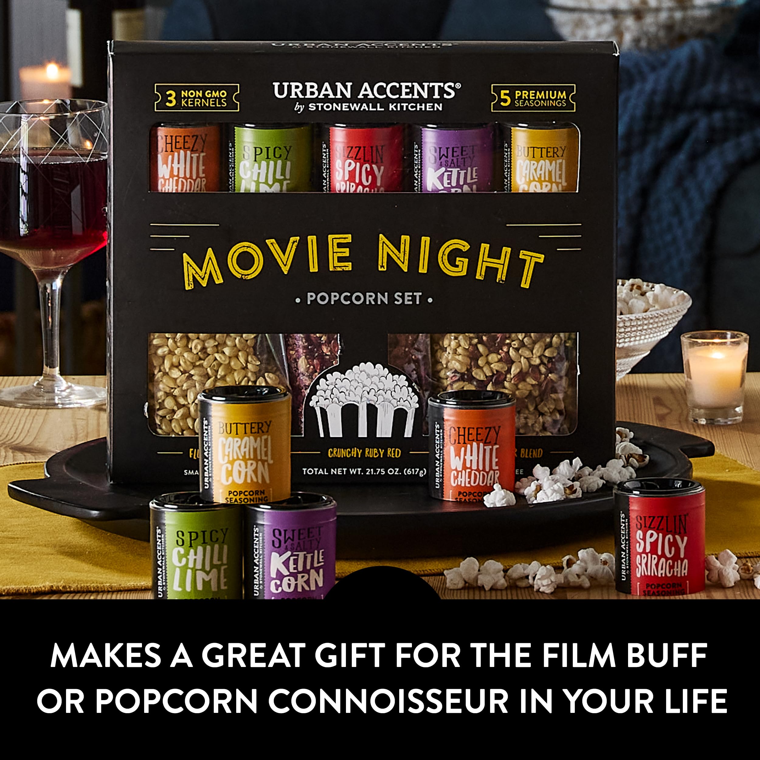 Urban Accents Movie Night Small-Batch Popcorn Gift Set – Includes 3 Gourmet non-GMO Popcorn Kernel Varieties & 5 Flavorful Seasonings – Perfect Snack Gift Box for Parties, Father's Day, Graduations and Movie Lovers