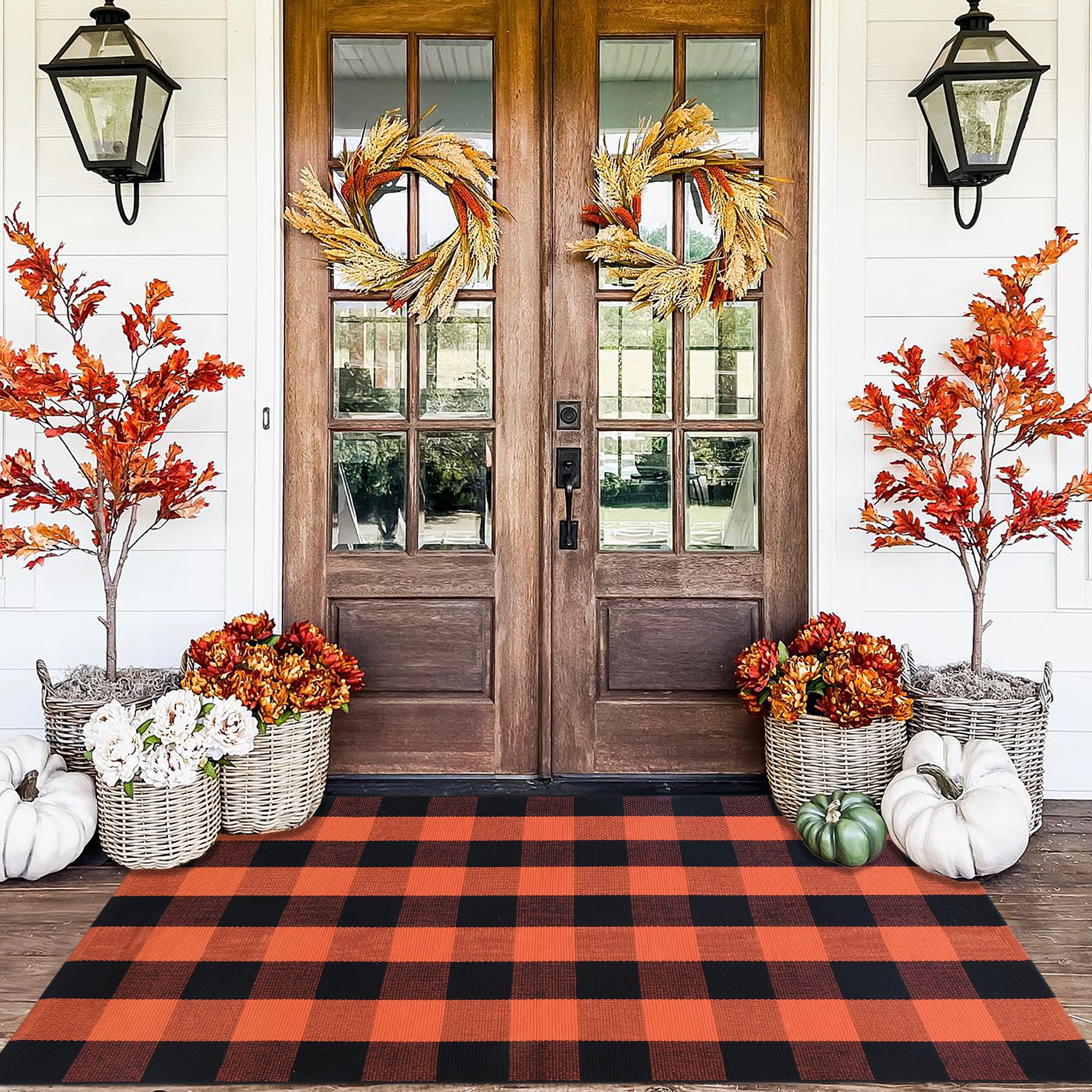 Orange and Black Plaid Rug, 28'' x 43'' Fall Outdoor Front Door Decor Mat, Cotton Washable Hand-Woven Rug for Layered Doormat, Autumn Halloween Thanksgiving Carpet for Porch, Entryway