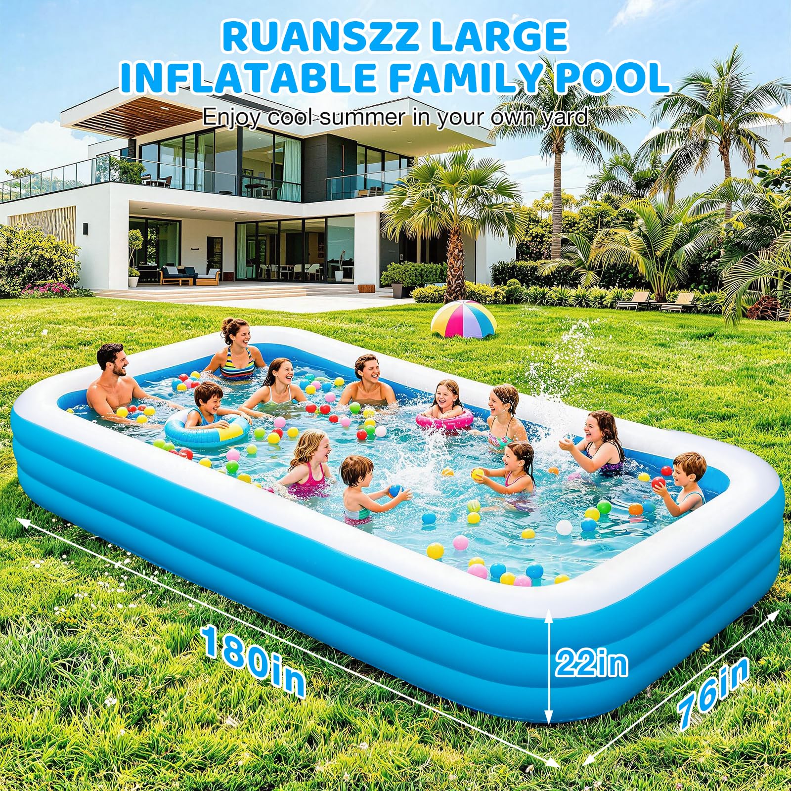 Extra Large Inflatable Pool for Adults, 165"x76"x22" Full-Sized Blow Up Pool with 0.6mm PVC & Cute Animal Print, Big Family Swimming Pool for Backyard Outdoor Summer Water Party
