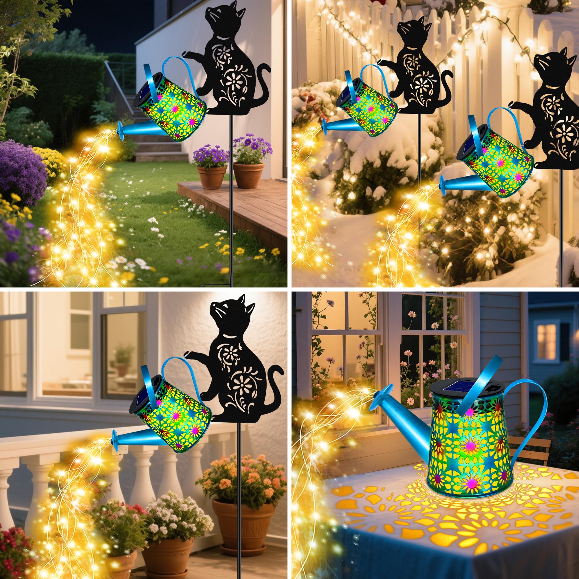 Solar Watering Can Lights, Cat Hanging Lantern Solar Lights Outdoor, Cat Lover Gifts for Mom Women Birthday Mother's Day Christmas, Waterproof Garden Decor Outside Patio Yard Pathway Backyard