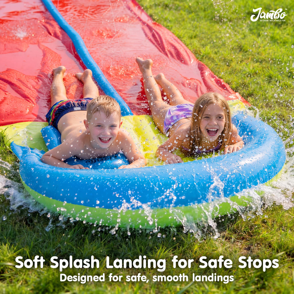 JAMBO Premium Triple Water Slide with 3 Bodyboards, 20Ft Heavy Duty Slip Splash and Slides-Advanced 3-Way Sprinkler System, Splash Pad Mat Backyard Summer Outdoor Water Toys n Long Slides for Kids