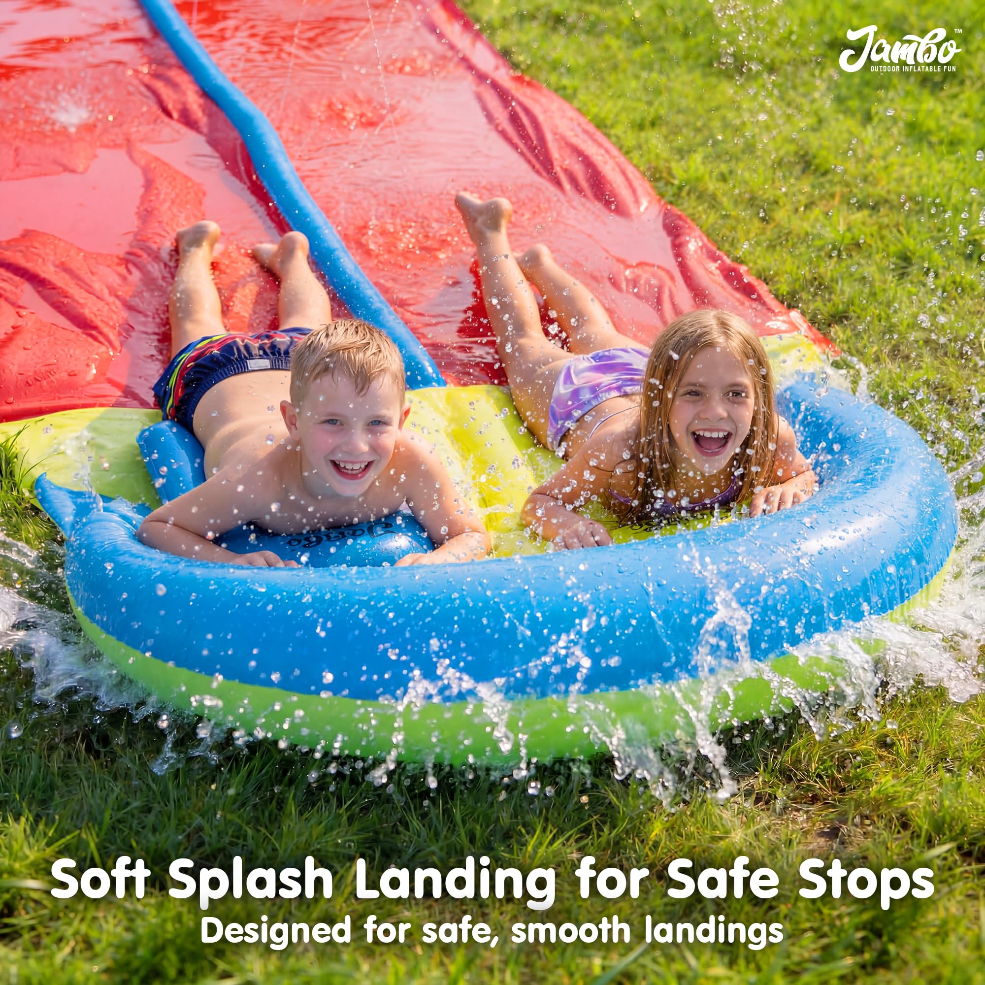 JAMBO Premium Triple Water Slide with 3 Bodyboards, 20Ft Heavy Duty Slip Splash and Slides-Advanced 3-Way Sprinkler System, Splash Pad Mat Backyard Summer Outdoor Water Toys n Long Slides for Kids