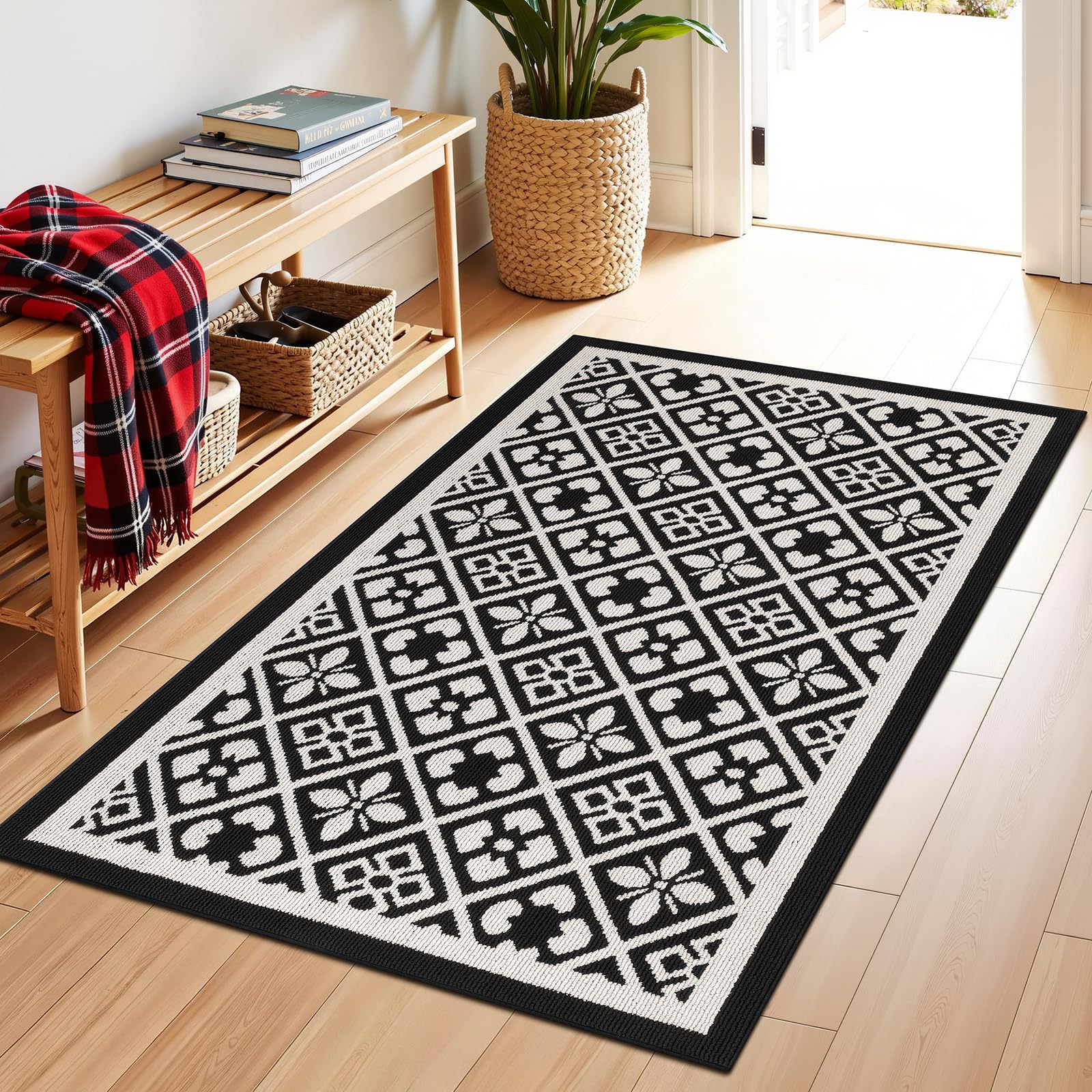 Ileading Christmas Entrance Door Mat, Absorbent Dog Mats for Muddy Paws, Low-Profile Small Red Xmas Decor Kitchen Runner Rug with Non-Slip Backing, Machine Washable Entryway Welcome Mat(Red 24"X36")