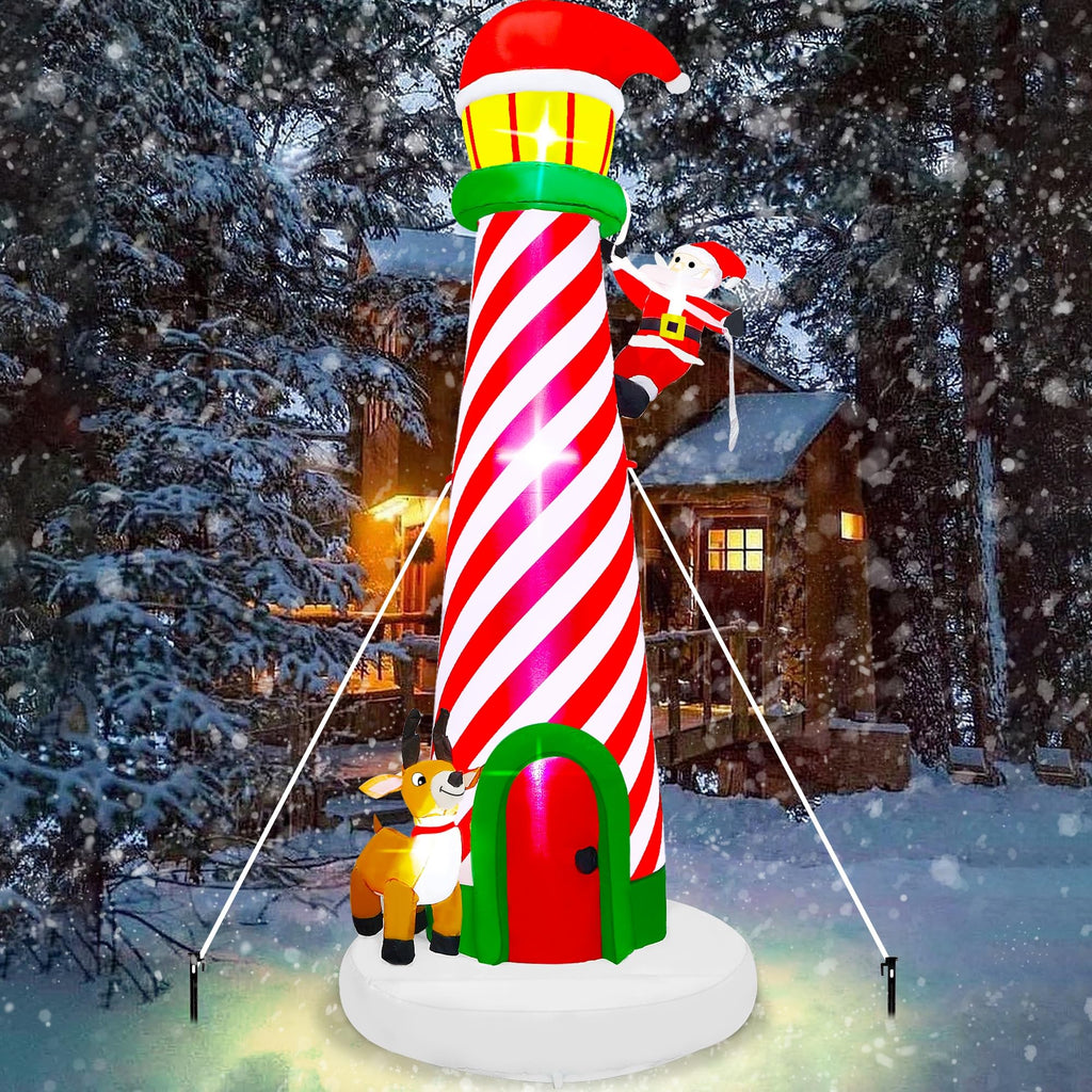 Lulu Home 9FT Christmas Inflatable Decorations, Giant Lighted Lighthouse with Santa and Reindeer, Xmas Blowups with Drawstring Bags for Winter Holiday Yard Lawn Garden Outdoor Decor