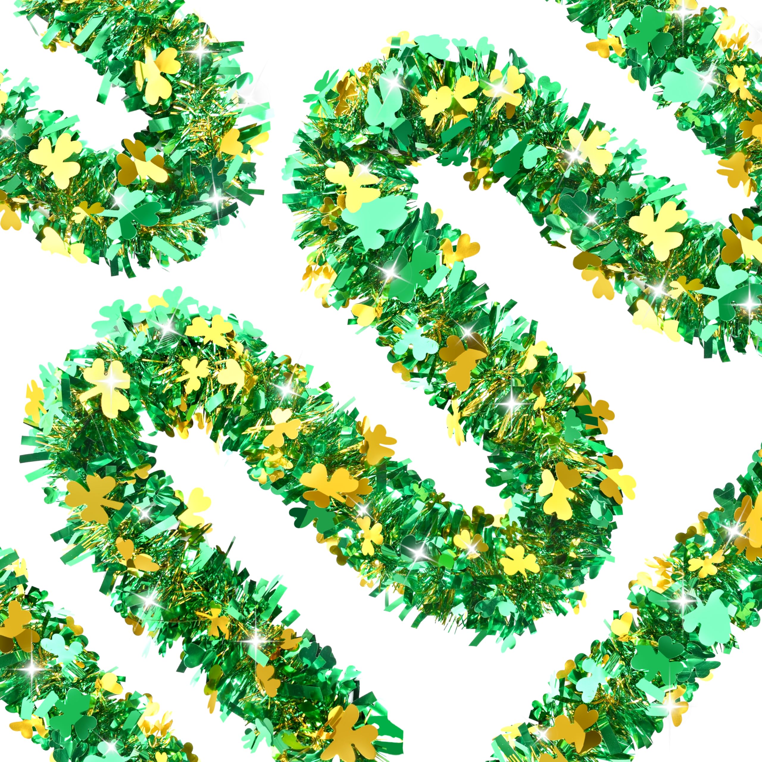 50FT St. Patrick's Day Tinsel Garland Shamrock Hat Green Gold Metallic Tinsel Twist Garland for Irish Saint Patricks Day Party Home Decor Indoor Outdoor Decoration