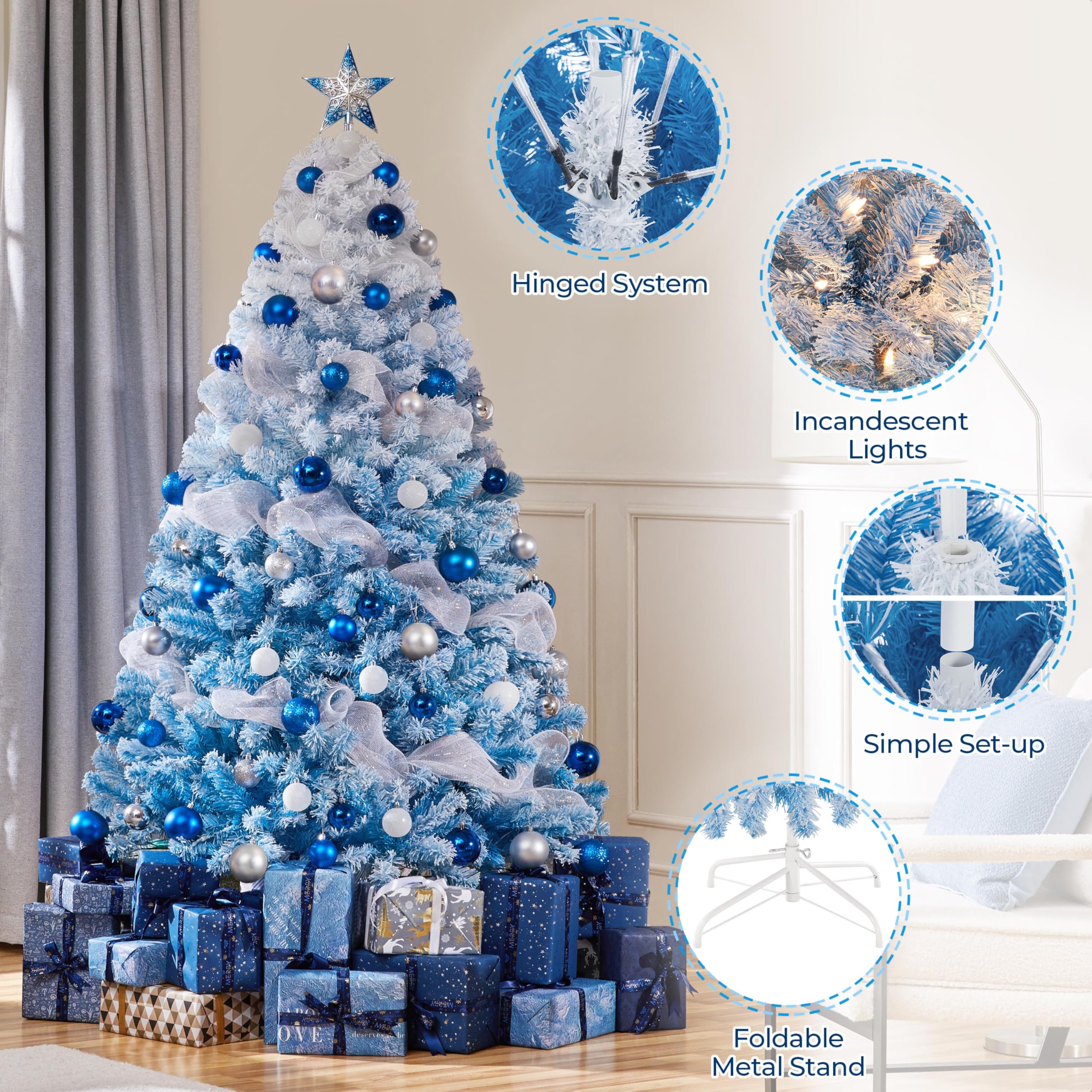 Yaheetech 6ft Snow Flocked Pre-lit Christmas Tree with 250 Warm White Lights, 820 Lush Branch Tips & Quick-Assembly Hinged Design, Full Artificial Xmas Tree for Winter Holiday Décor, Green & White