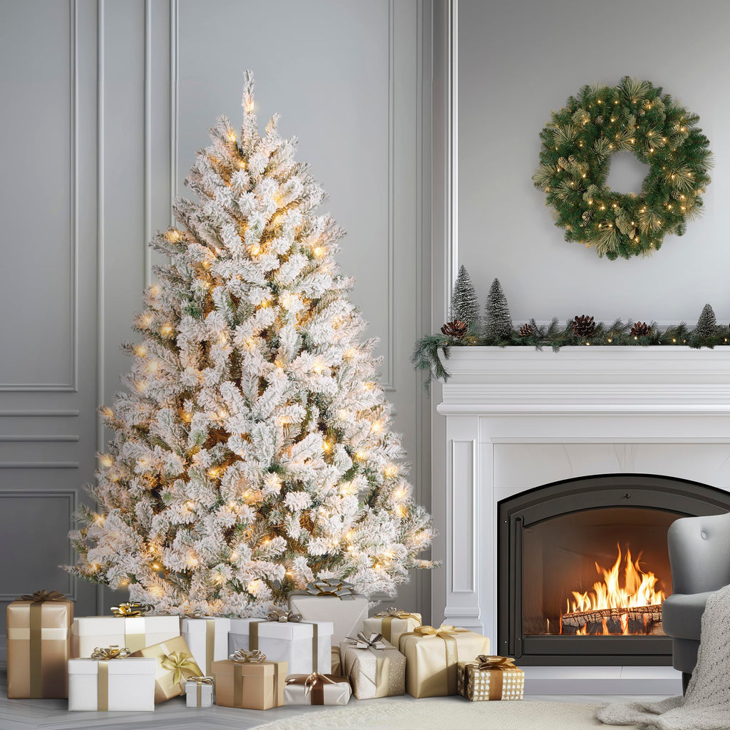 National Tree Company 7.5 ft Pre-Lit Flocked Acacia Artificial Christmas Tree, 550 Clear Lights, 1,300 Branch Tips, Includes Stand, Green