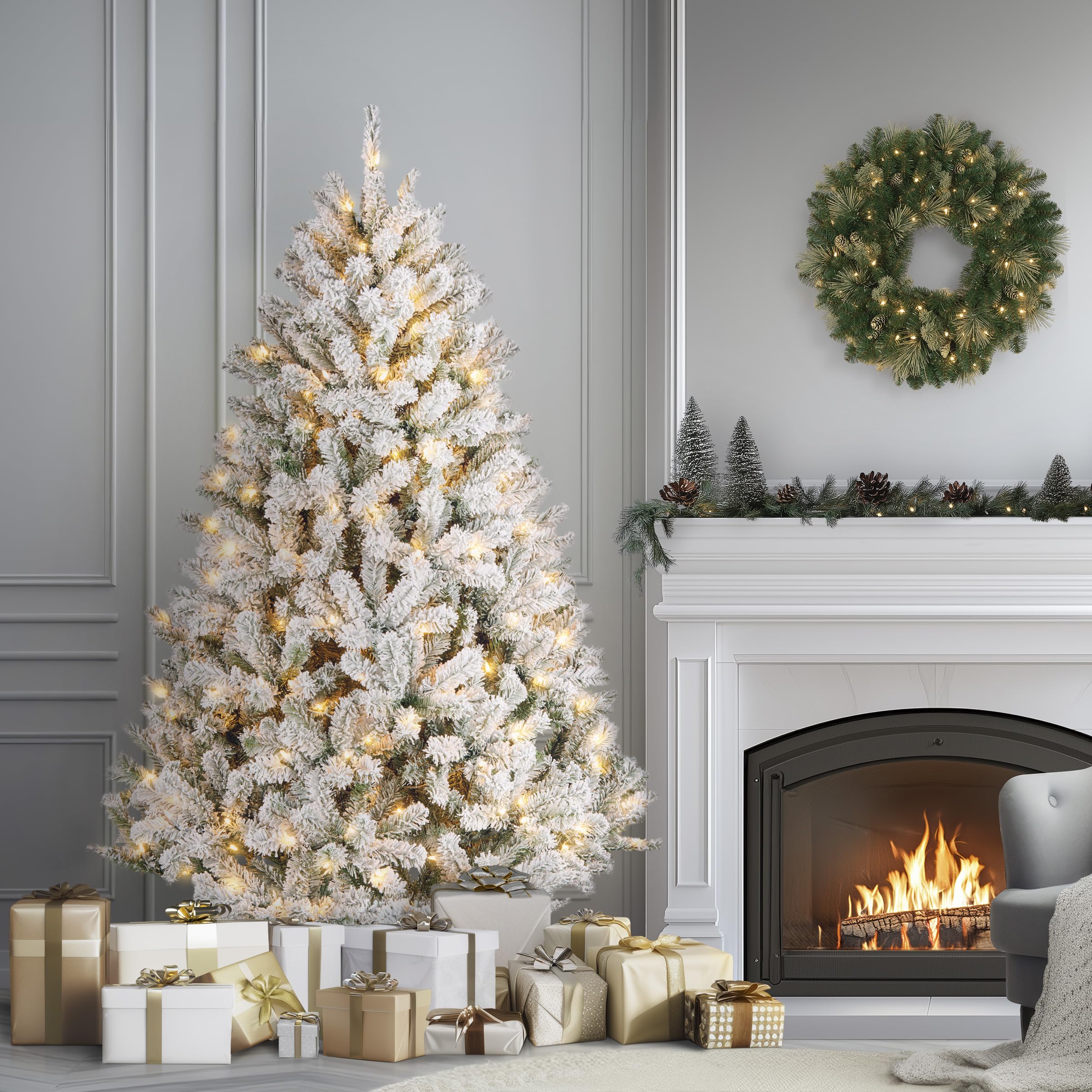 National Tree Company 7.5 ft Pre-Lit Flocked Acacia Artificial Christmas Tree, 550 Clear Lights, 1,300 Branch Tips, Includes Stand, Green