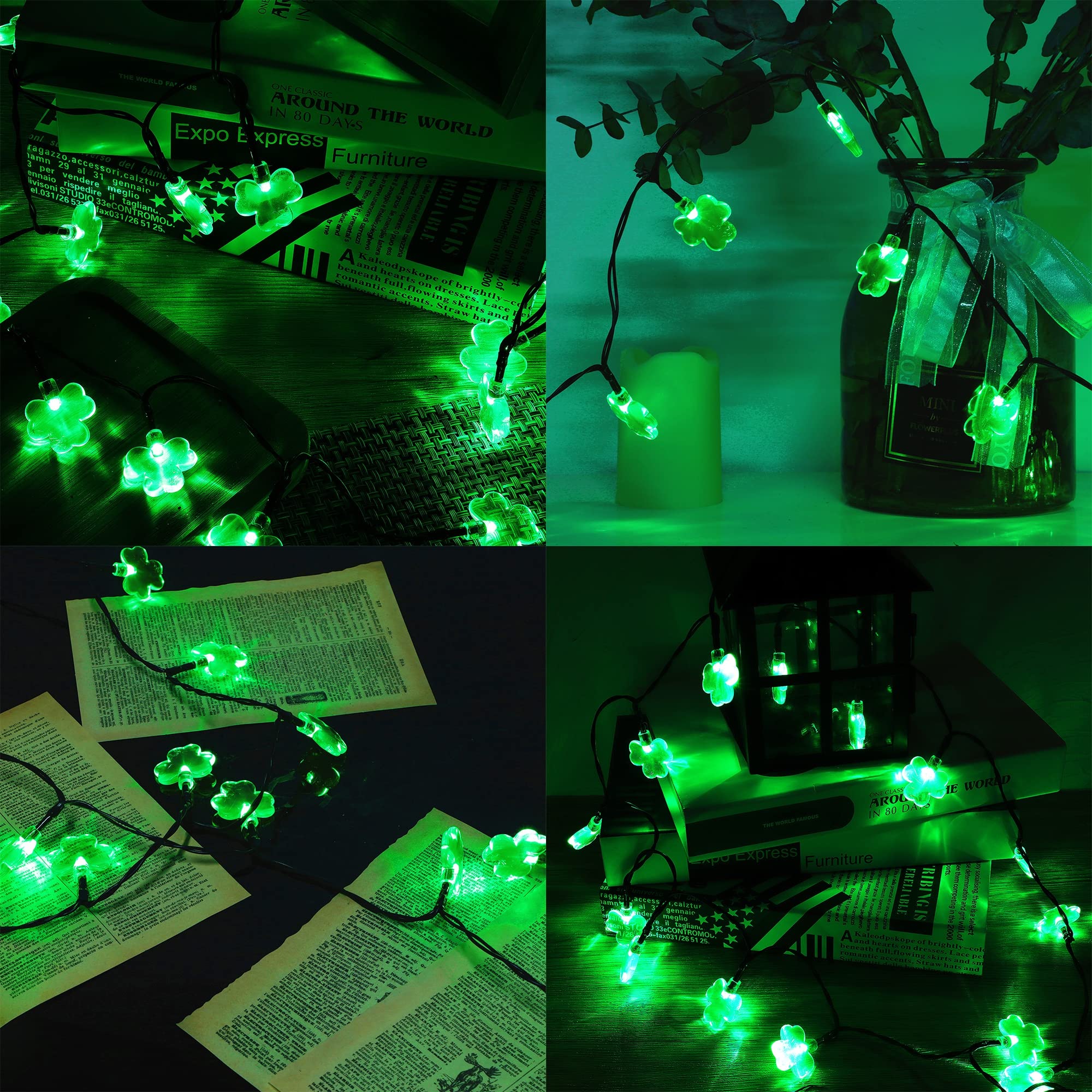 LJLNION St. Patricks Day String Lights Outdoor, 50 LED 16 FT Shamrocks Decorative Green Leaf Lights Battery Operated, 8 Lighting Modes & Timer, Waterproof for Home Garden Party Decoration, 2 Pack