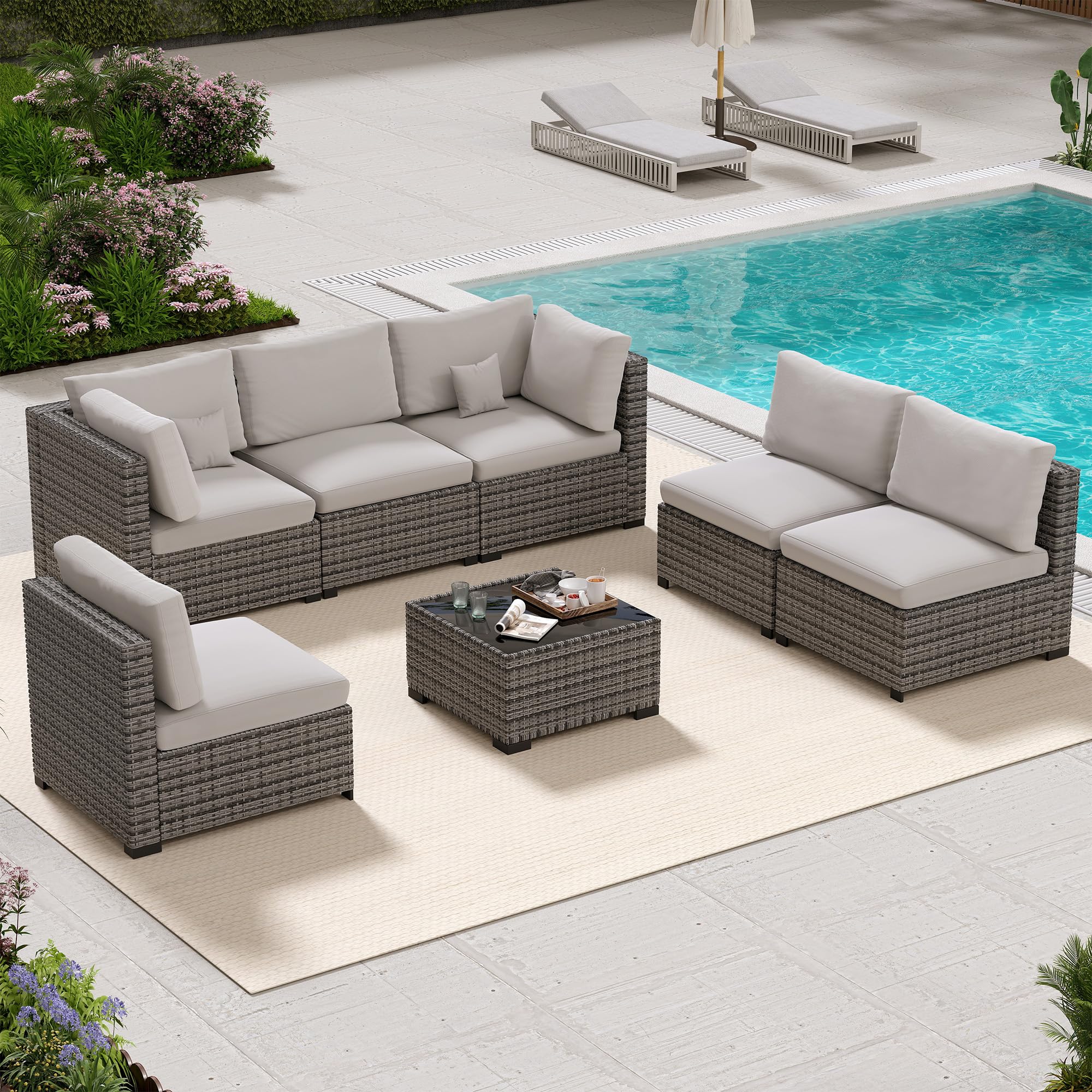 LHBcraft 7 Piece Patio Outdoor Furniture Set, Outdoor Sectional, All-Weather Manual Weaving PE Rattan Wicker Patio Sectional Sofa, Rattan Outside Furniture with Black Cushion and Glass Coffee Table
