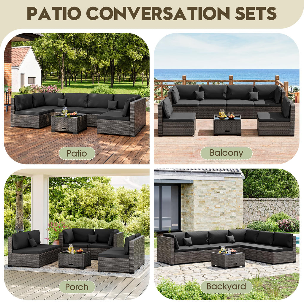 LHBcraft 7 Piece Patio Outdoor Furniture Set, Outdoor Sectional, All-Weather Manual Weaving PE Rattan Wicker Patio Sectional Sofa, Rattan Outside Furniture with Black Cushion and Glass Coffee Table