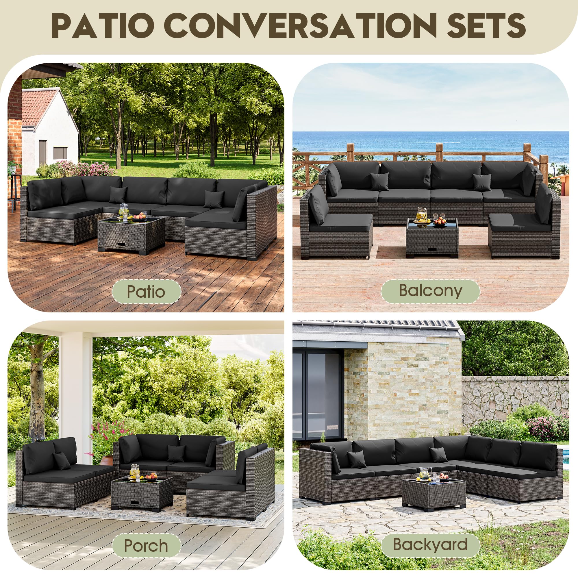 LHBcraft 7 Piece Patio Outdoor Furniture Set, Outdoor Sectional, All-Weather Manual Weaving PE Rattan Wicker Patio Sectional Sofa, Rattan Outside Furniture with Black Cushion and Glass Coffee Table