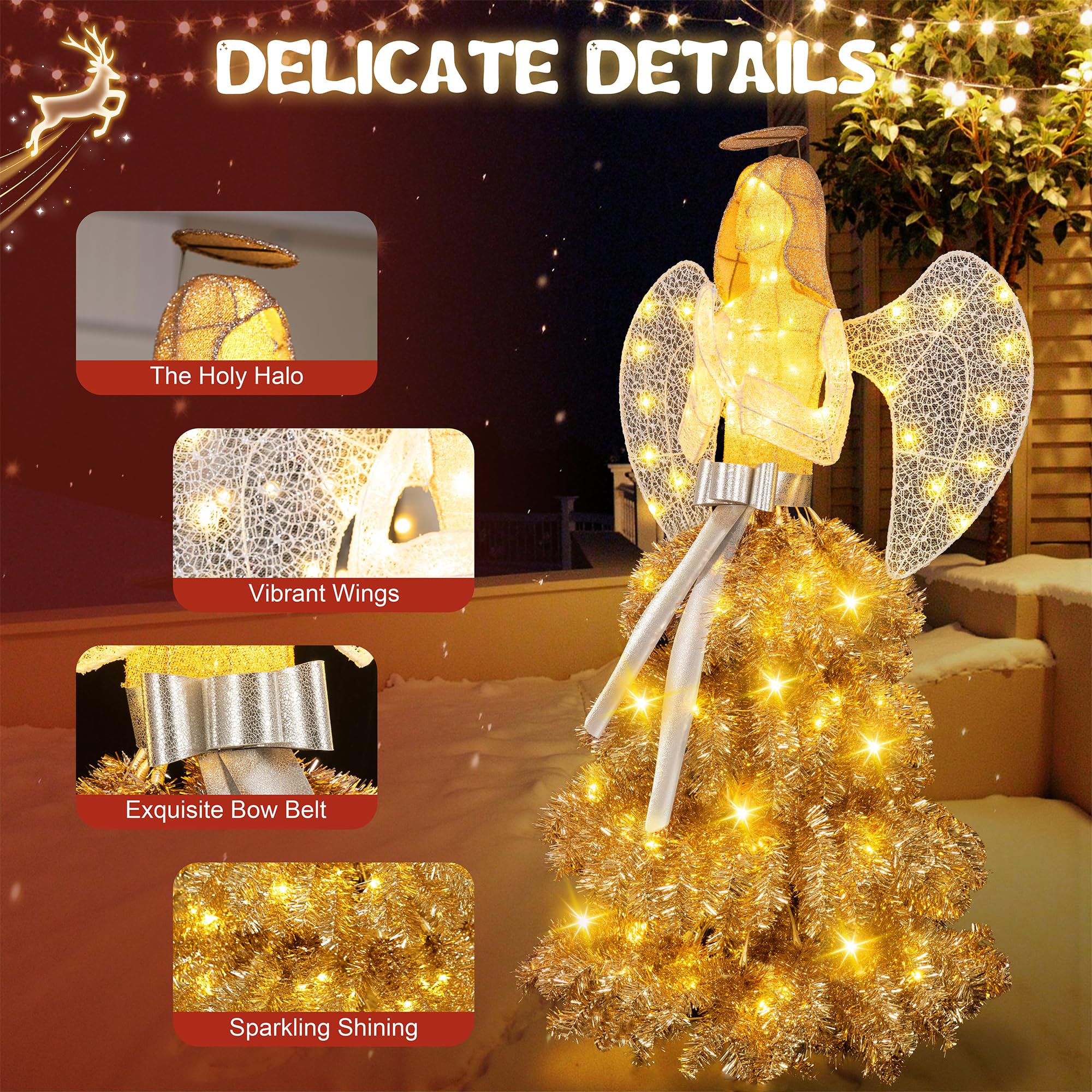 Shintenchi 5FT Lighted Christmas Angel, Outdoor Xmas Decoration with 150 LED Lights, Pre-lit 3D Glittered Angel for Lawn Yard Garden with Ground Stakes and Zip Ties, Warm Golden Color