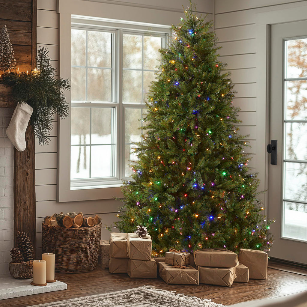 National Tree Company 7.5 ft Pre-Lit Dunhill Fir Artificial Christmas Tree, 700 LED Lights, 2,514 Tips, Foot Pedal, 10 Light Functions, Includes Stand, Green