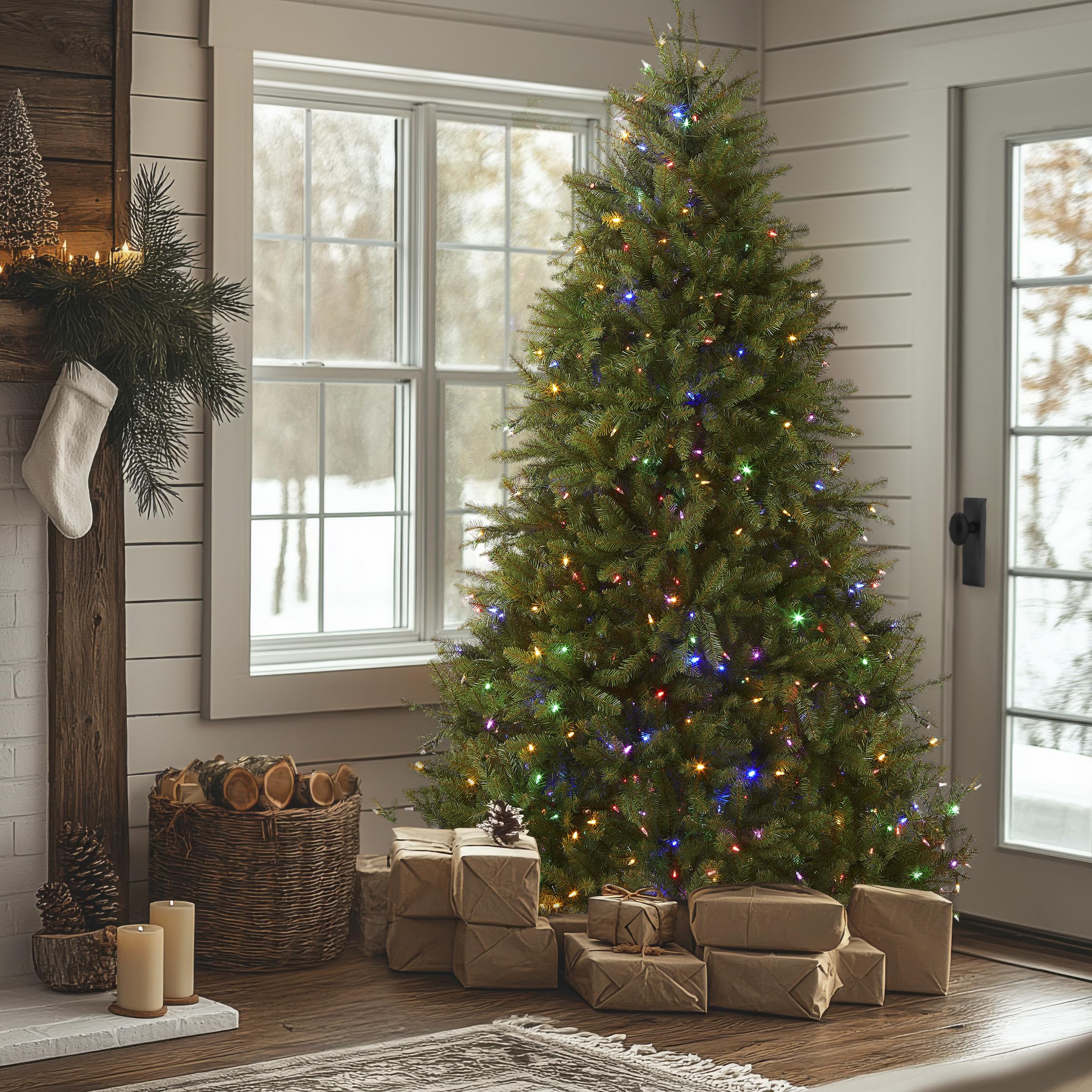 National Tree Company 7.5 ft Pre-Lit Dunhill Fir Artificial Christmas Tree, 700 LED Lights, 2,514 Tips, Foot Pedal, 10 Light Functions, Includes Stand, Green