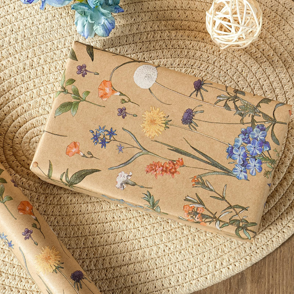WRAPAHOLIC Kraft Floral Wrapping Paper Roll - Mini Roll - 17 Inch x 9.8 Feet - Spring Summer Garden Flower Design Perfect for Wedding, Bridal Shower, Birthday