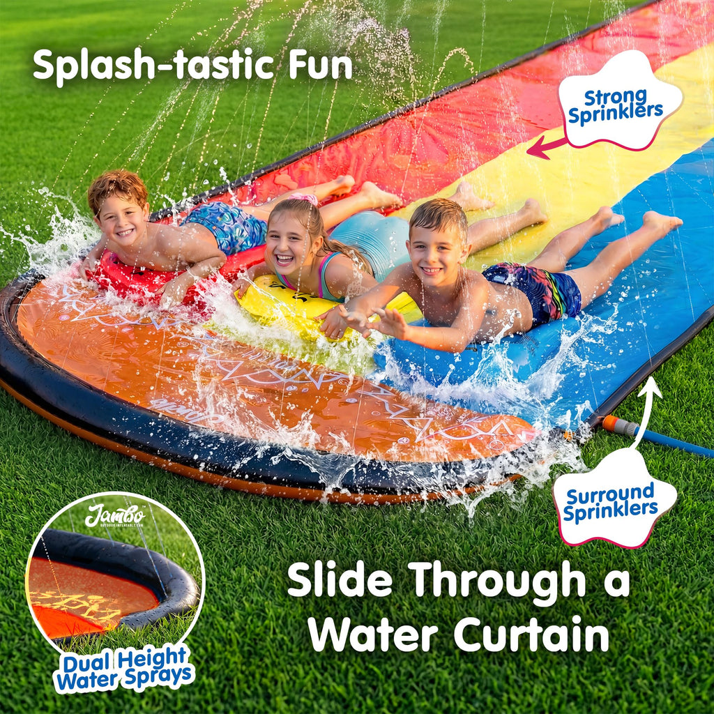JAMBO Premium Triple Water Slide with 3 Bodyboards, 20Ft Heavy Duty Slip Splash and Slides-Advanced 3-Way Sprinkler System, Splash Pad Mat Backyard Summer Outdoor Water Toys n Long Slides for Kids