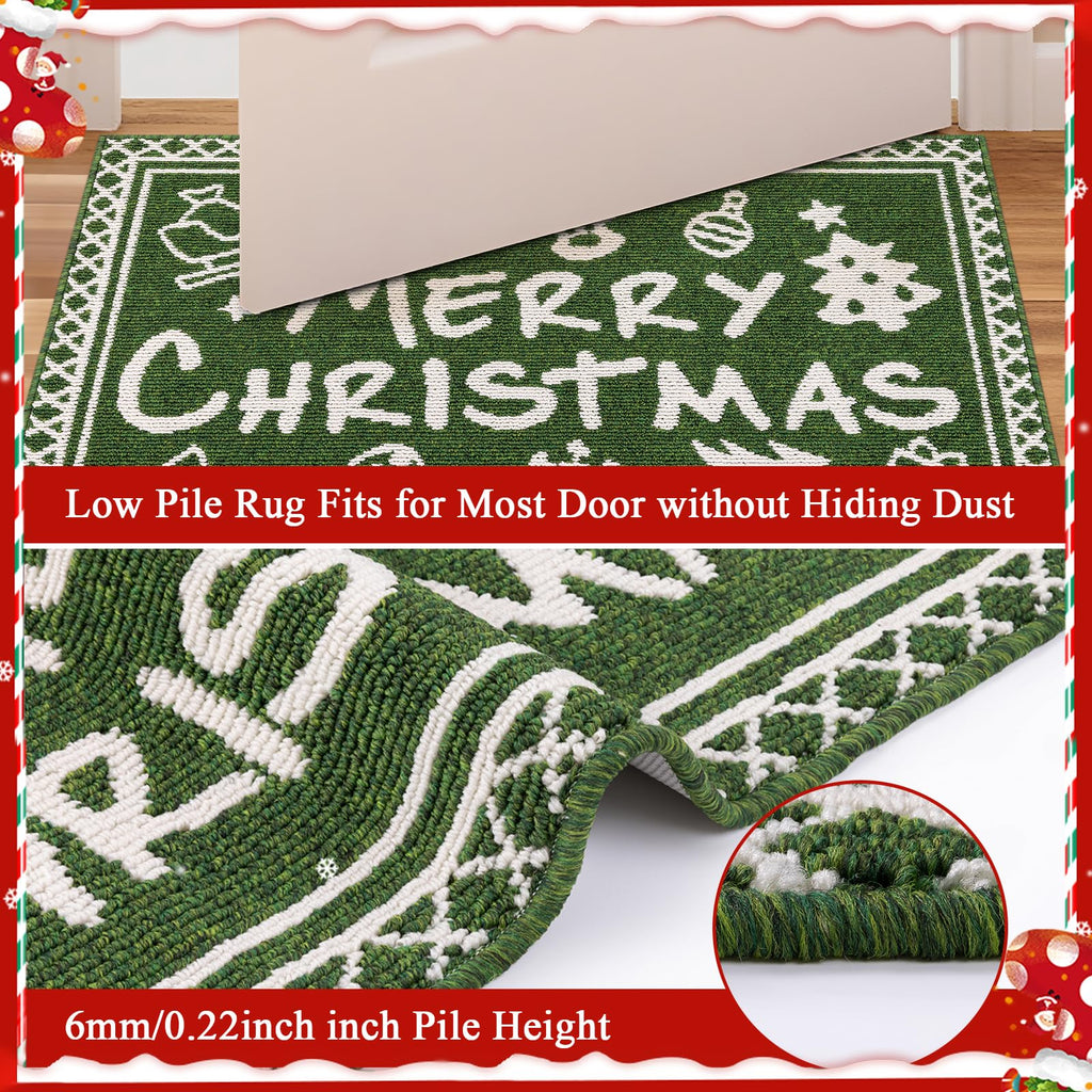 Ileading Christmas Entrance Door Mat, Absorbent Dog Mats for Muddy Paws, Low-Profile Small Red Xmas Decor Kitchen Runner Rug with Non-Slip Backing, Machine Washable Entryway Welcome Mat(Red 24"X36")
