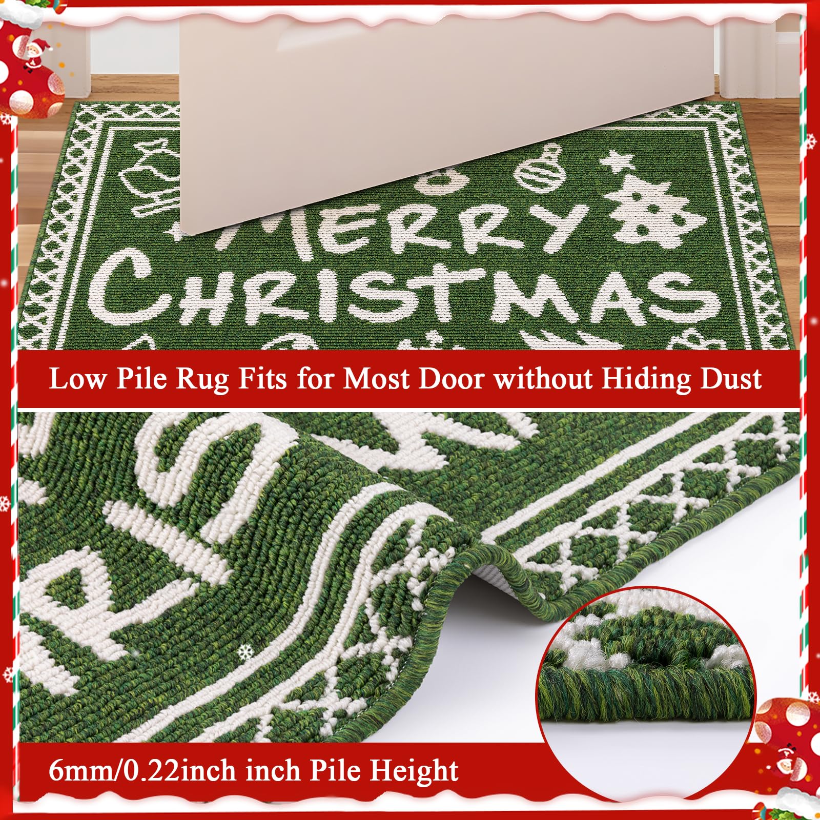 Ileading Christmas Entrance Door Mat, Absorbent Dog Mats for Muddy Paws, Low-Profile Small Red Xmas Decor Kitchen Runner Rug with Non-Slip Backing, Machine Washable Entryway Welcome Mat(Red 24"X36")
