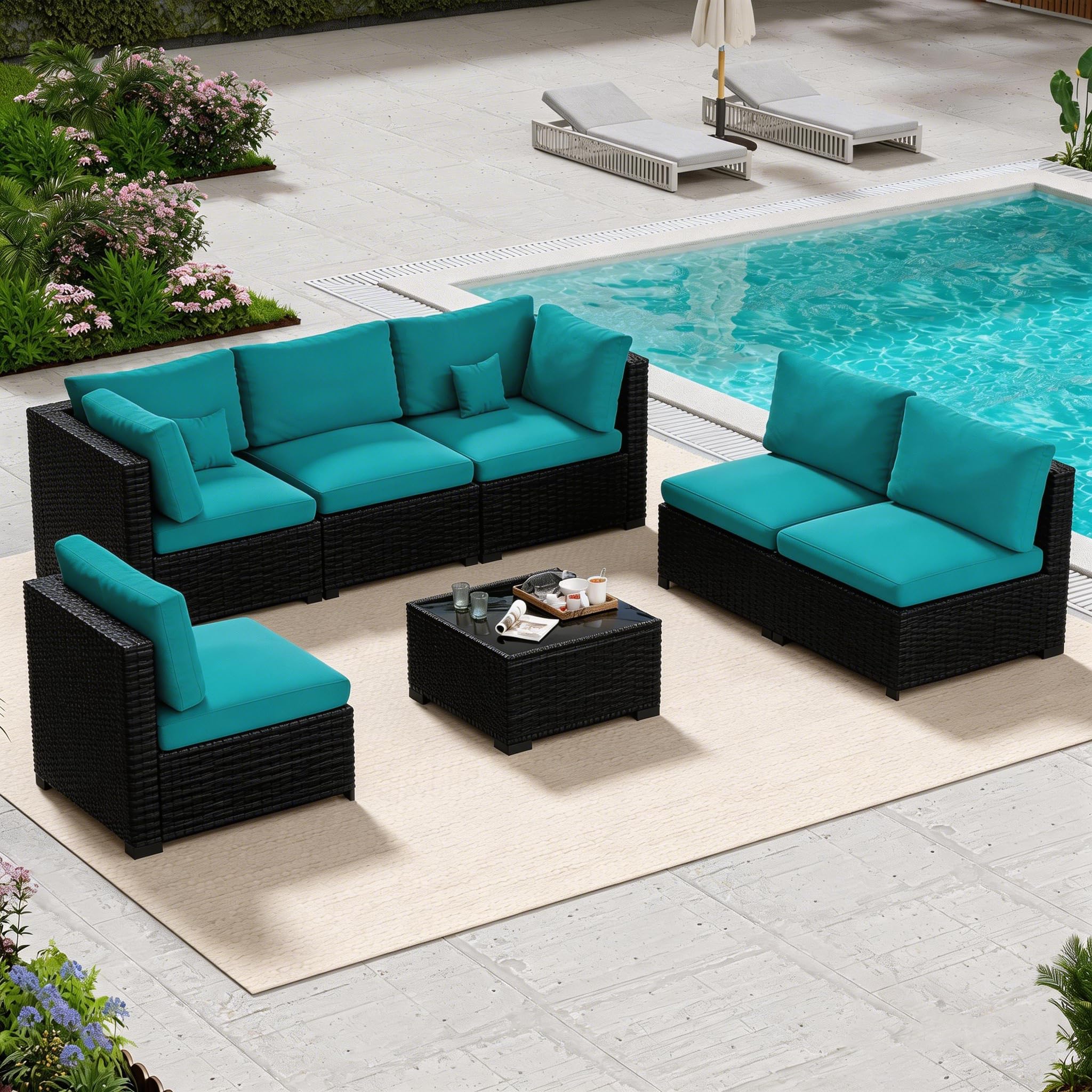 LHBcraft 7 Piece Patio Outdoor Furniture Set, Outdoor Sectional, All-Weather Manual Weaving PE Rattan Wicker Patio Sectional Sofa, Rattan Outside Furniture with Black Cushion and Glass Coffee Table