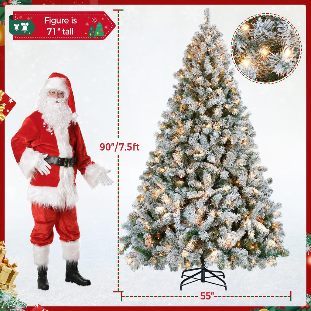 Yaheetech 6ft Snow Flocked Pre-lit Christmas Tree with 250 Warm White Lights, 820 Lush Branch Tips & Quick-Assembly Hinged Design, Full Artificial Xmas Tree for Winter Holiday Décor, Green & White