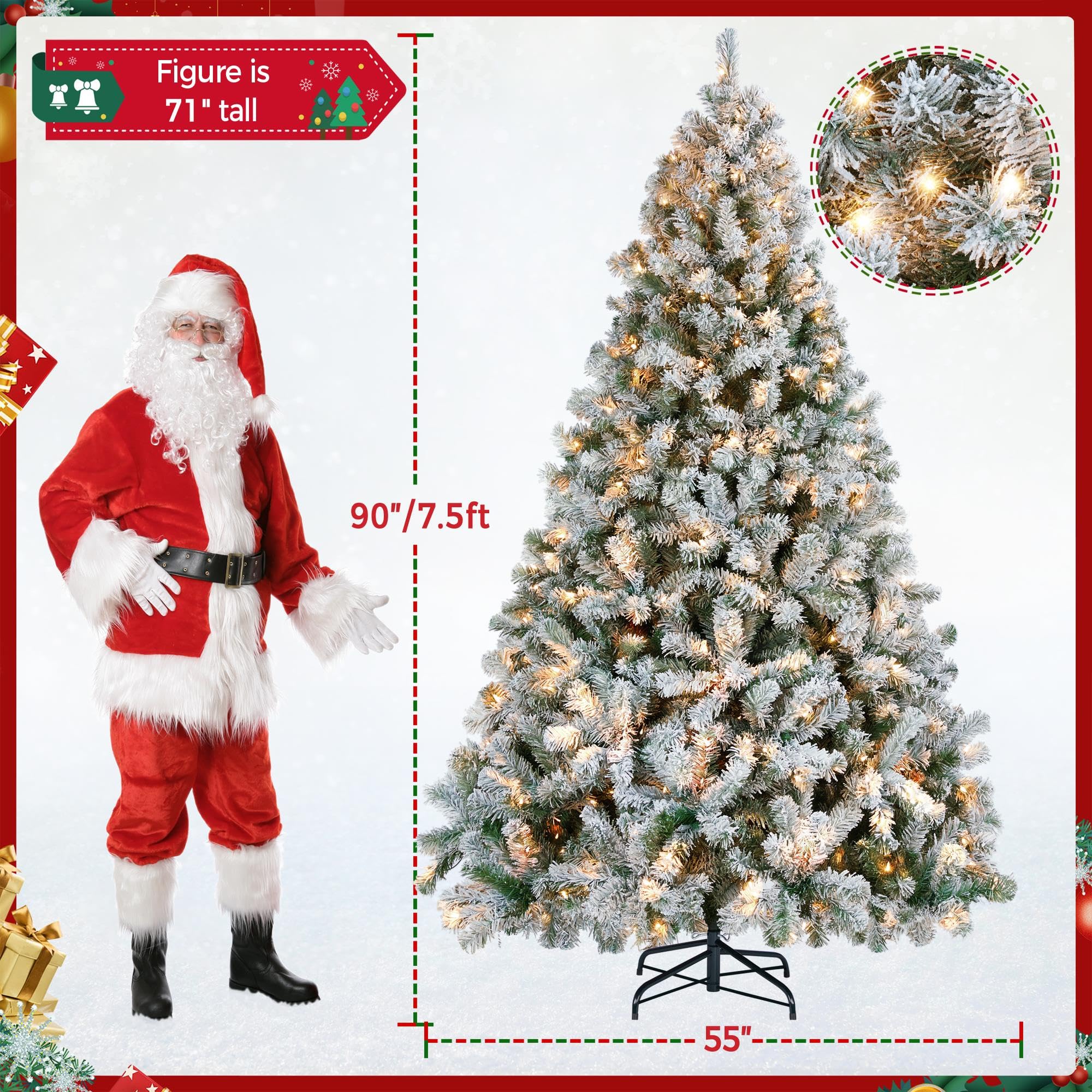 Yaheetech 6ft Snow Flocked Pre-lit Christmas Tree with 250 Warm White Lights, 820 Lush Branch Tips & Quick-Assembly Hinged Design, Full Artificial Xmas Tree for Winter Holiday Décor, Green & White