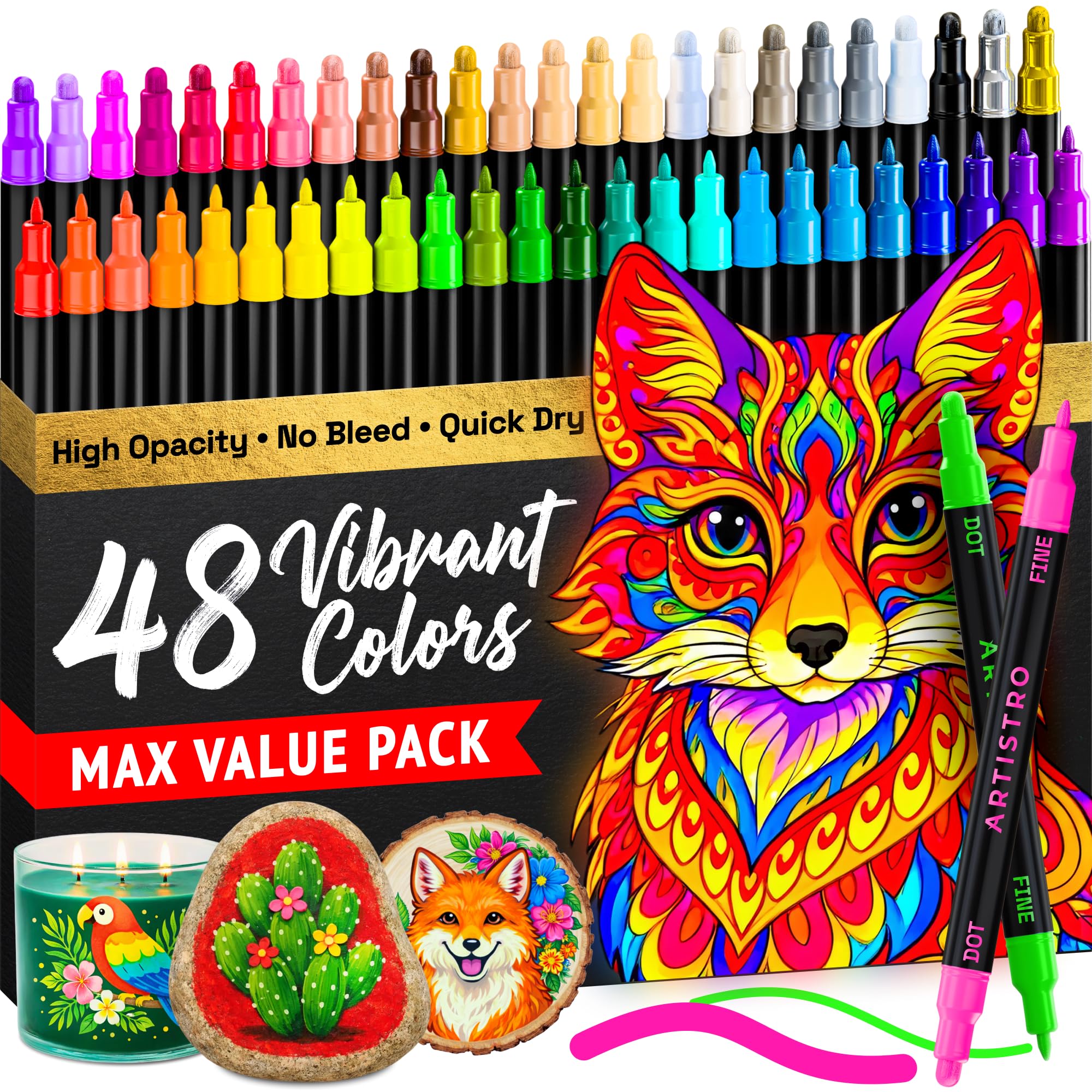 ARTISTRO 36 Dual Tip Pens, Dot & Fine Tips Paint Markers – Paint Pens Set for Fabric, Rock, Glass, Wood, Coloring Books – Arts & Crafts Gift – Classroom Must Haves & School Supplies