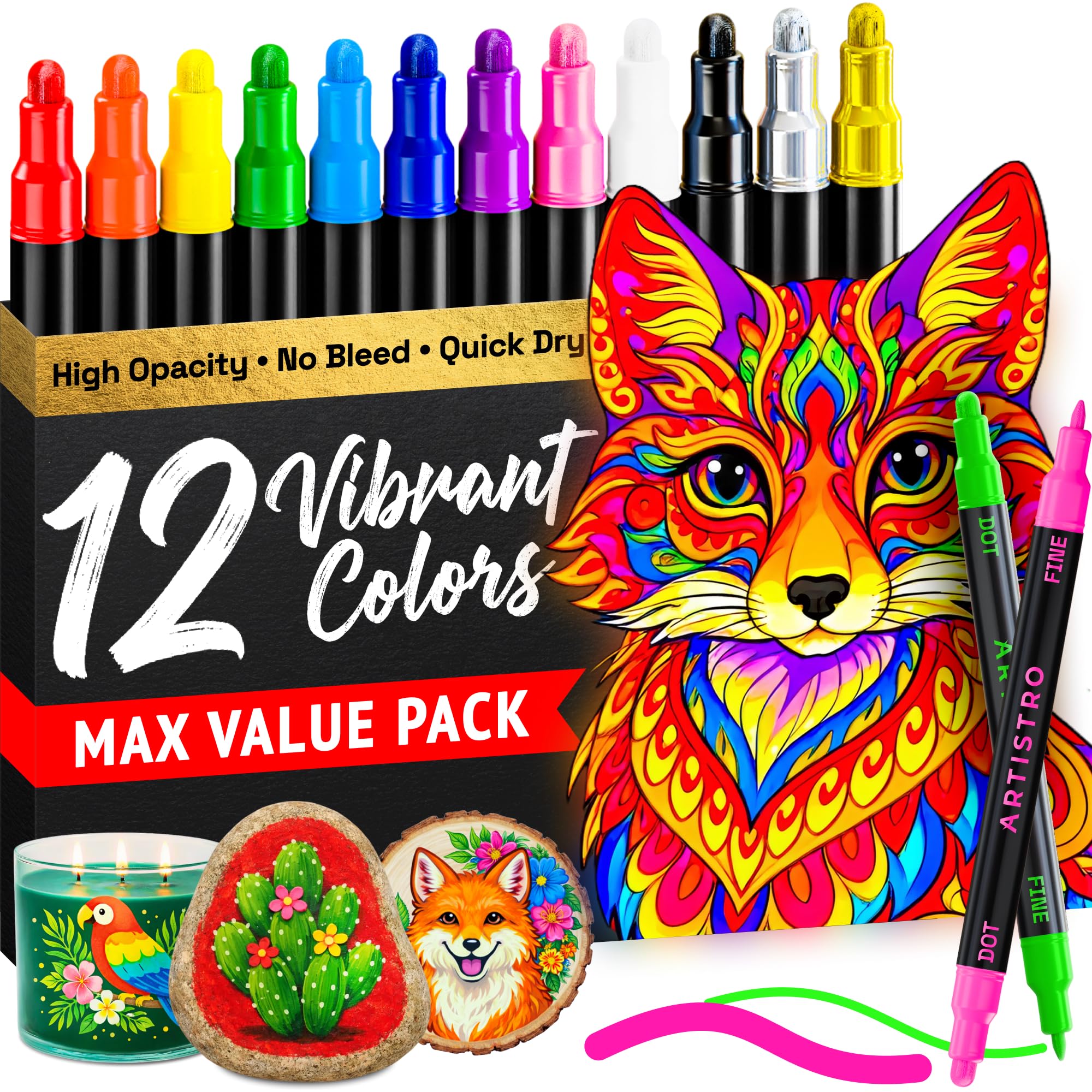 ARTISTRO 36 Dual Tip Pens, Dot & Fine Tips Paint Markers – Paint Pens Set for Fabric, Rock, Glass, Wood, Coloring Books – Arts & Crafts Gift – Classroom Must Haves & School Supplies
