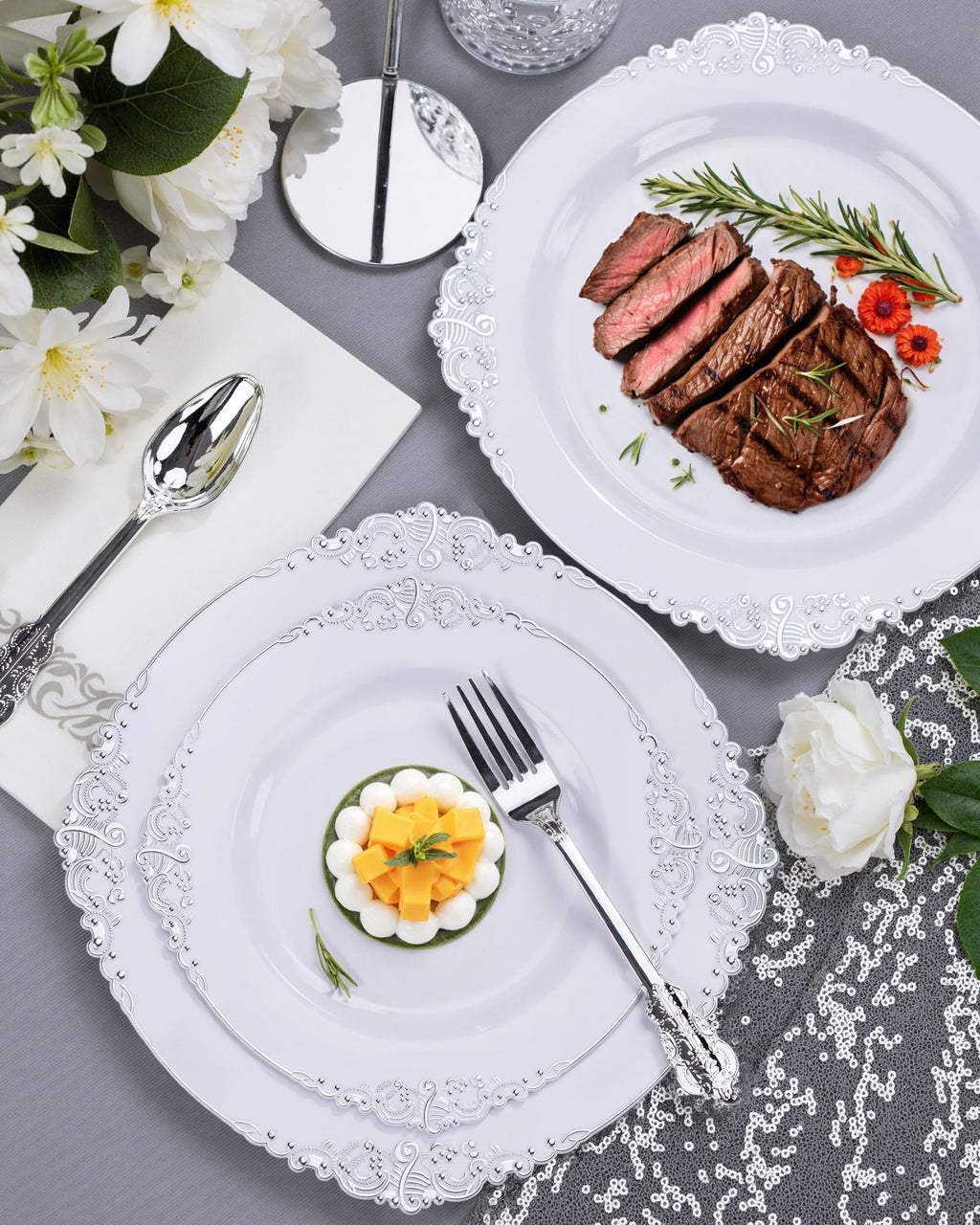 Nervure 175PCS Clear Blue Plastic Plates - Plastic Dinnerware Set Include 25Dinner Plates, 25Dessert Plates, 25Cups, 25Forks, 25Knives, 25Spoons, 25Napkins Perfect for Wedding & Party