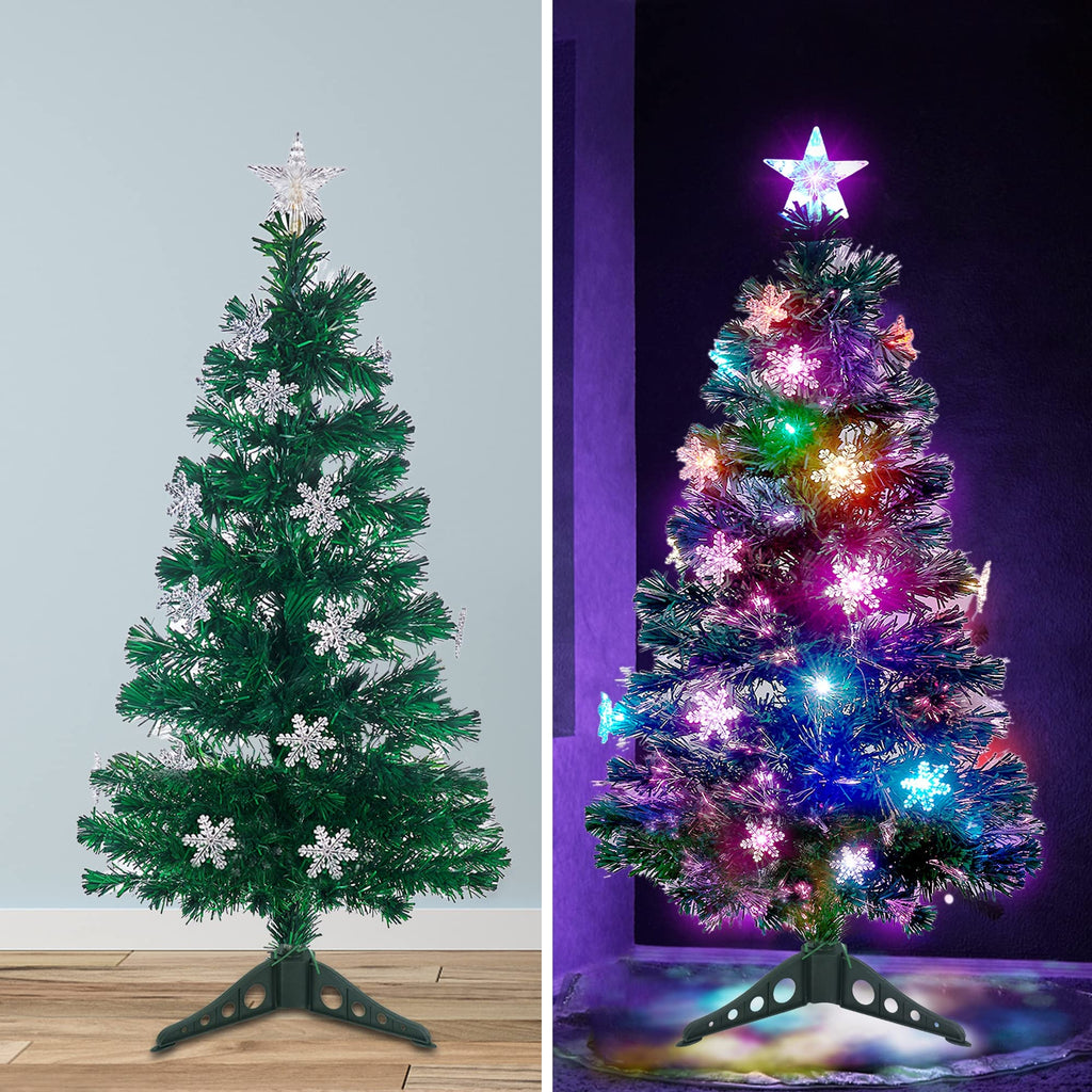 Prsildan 4 FT Artificial Christmas Tree, Pre-Lit Optical Fiber Xmas Trees with Multicolor LED Lights, Snowflakes & Top Star, Lighted Christmas Tree Holiday Home Decor
