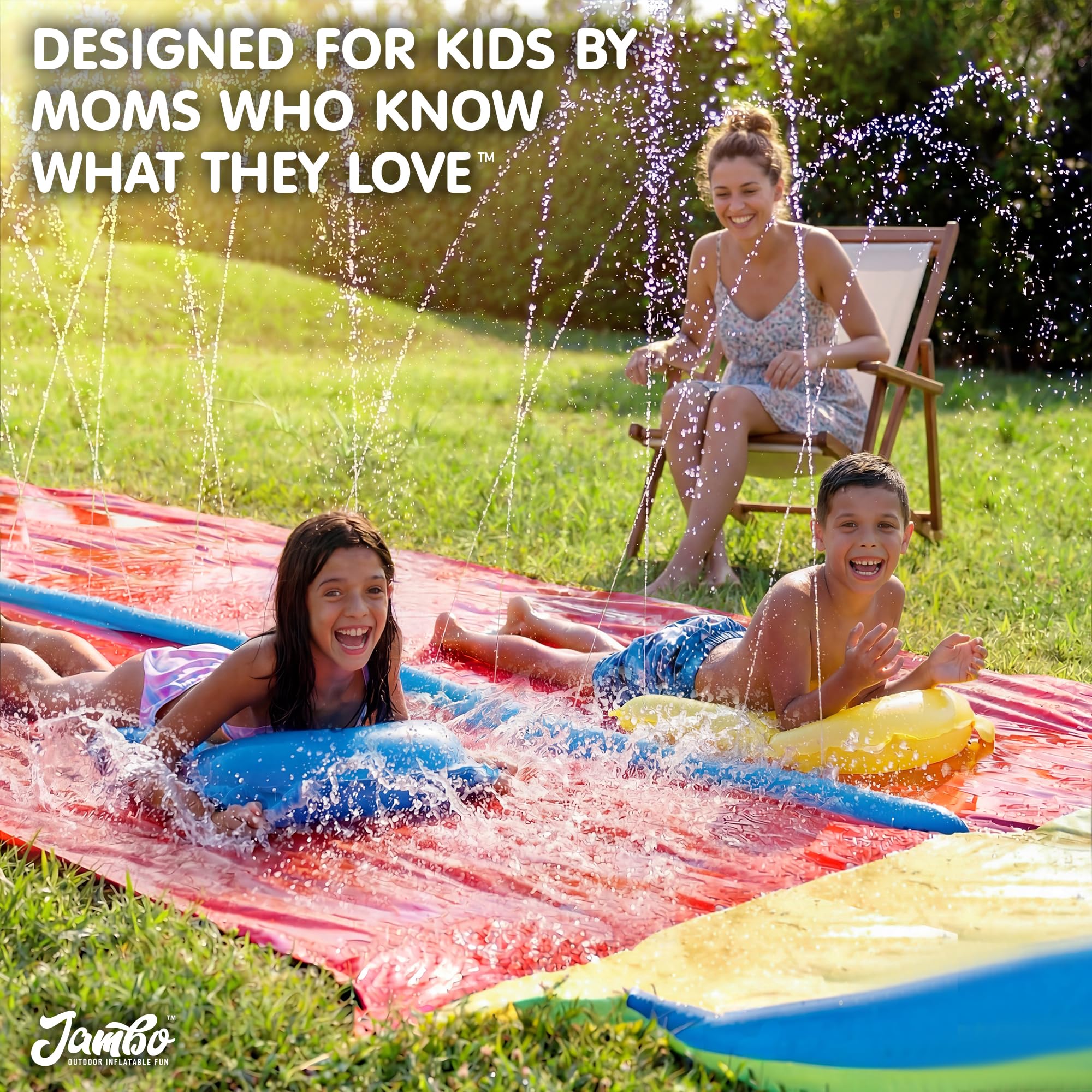 JAMBO Premium Triple Water Slide with 3 Bodyboards, 20Ft Heavy Duty Slip Splash and Slides-Advanced 3-Way Sprinkler System, Splash Pad Mat Backyard Summer Outdoor Water Toys n Long Slides for Kids