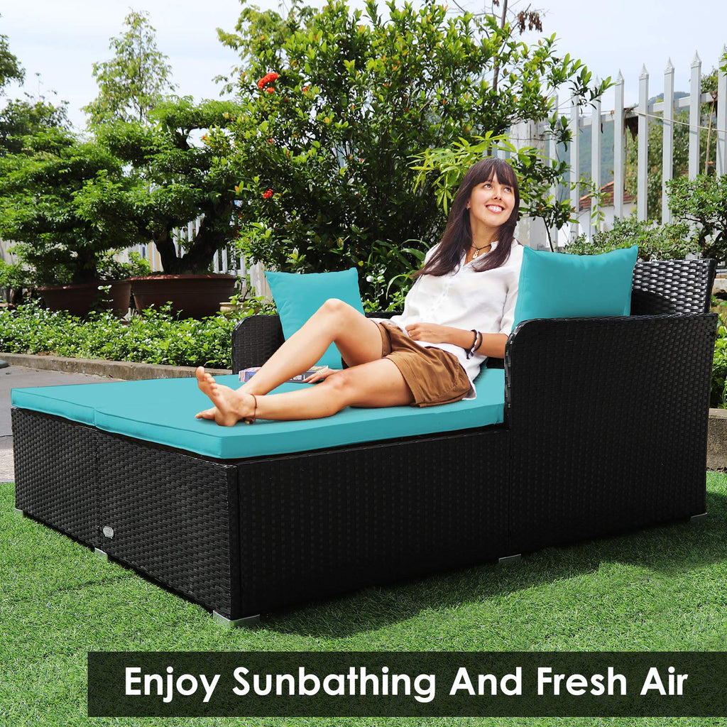 Tangkula Patio Rattan Daybed with Retractable Canopy, Outdoor Wicker Sunbed Lounger with 2 Foldable Side Tables, Thick Seat & Back Cushions, Outside Double Daybed for Garden, Backyard, Porch