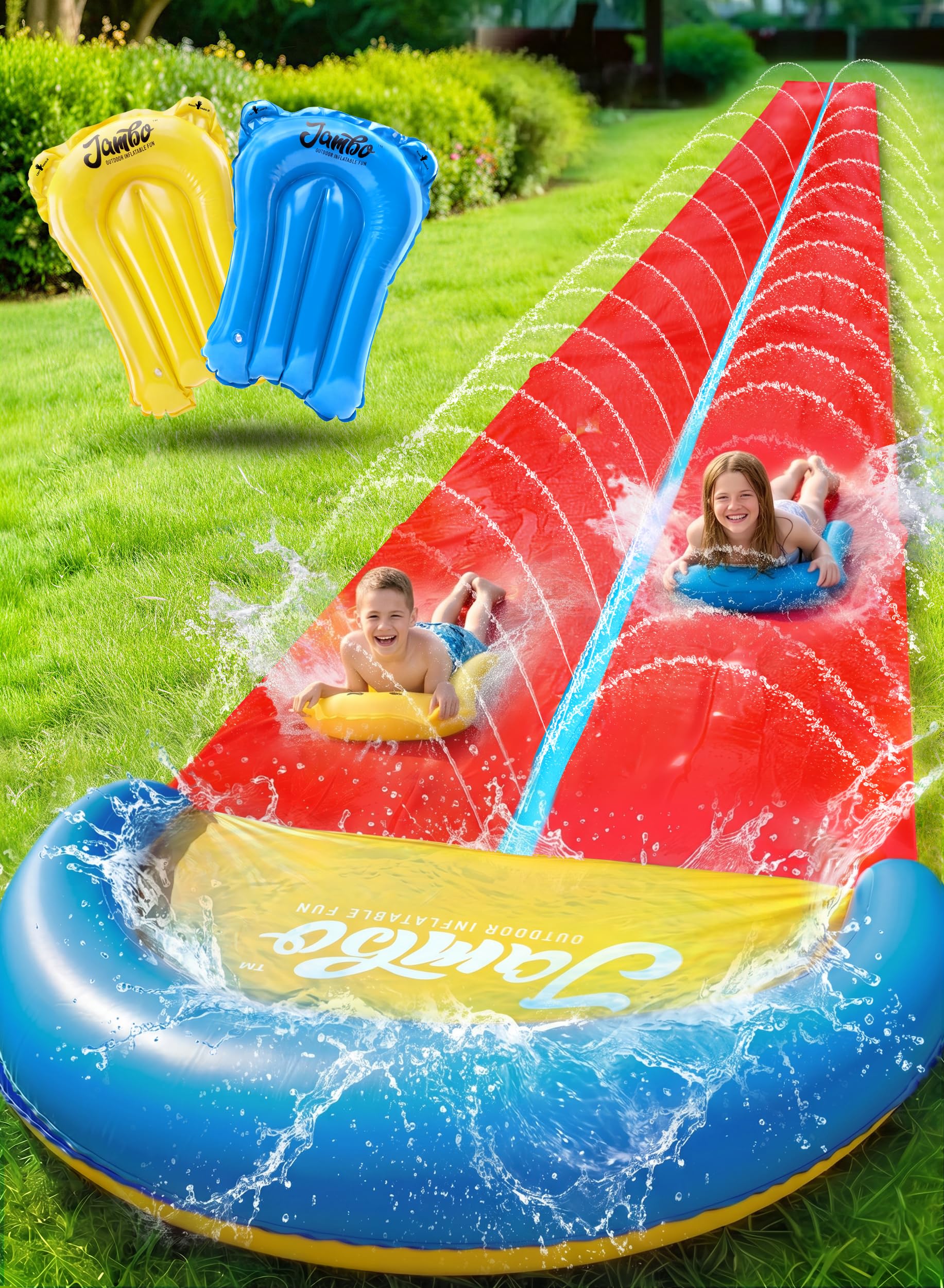 JAMBO Premium Triple Water Slide with 3 Bodyboards, 20Ft Heavy Duty Slip Splash and Slides-Advanced 3-Way Sprinkler System, Splash Pad Mat Backyard Summer Outdoor Water Toys n Long Slides for Kids