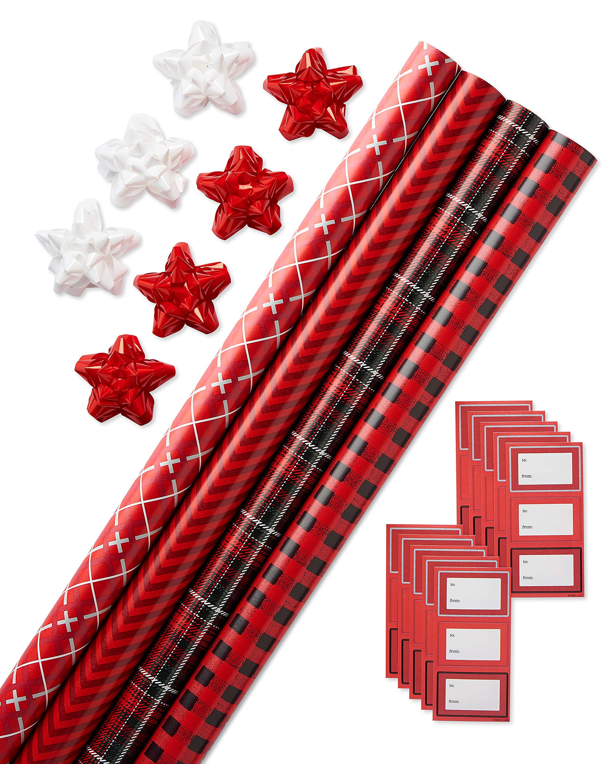 American Greetings Christmas Wrapping Paper, Red and Black Buffalo Plaid Holiday Gift Wrap Set (120 sq.ft., 4 rolls-30 in. x 12 ft., 7 Adhesive Bows, 30 Gift Tag Stickers) Rustic, Snowflakes, Reindeer