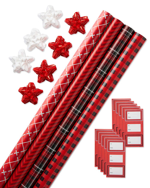 American Greetings Christmas Wrapping Paper, Red and Black Buffalo Plaid Holiday Gift Wrap Set (120 sq.ft., 4 rolls-30 in. x 12 ft., 7 Adhesive Bows, 30 Gift Tag Stickers) Rustic, Snowflakes, Reindeer