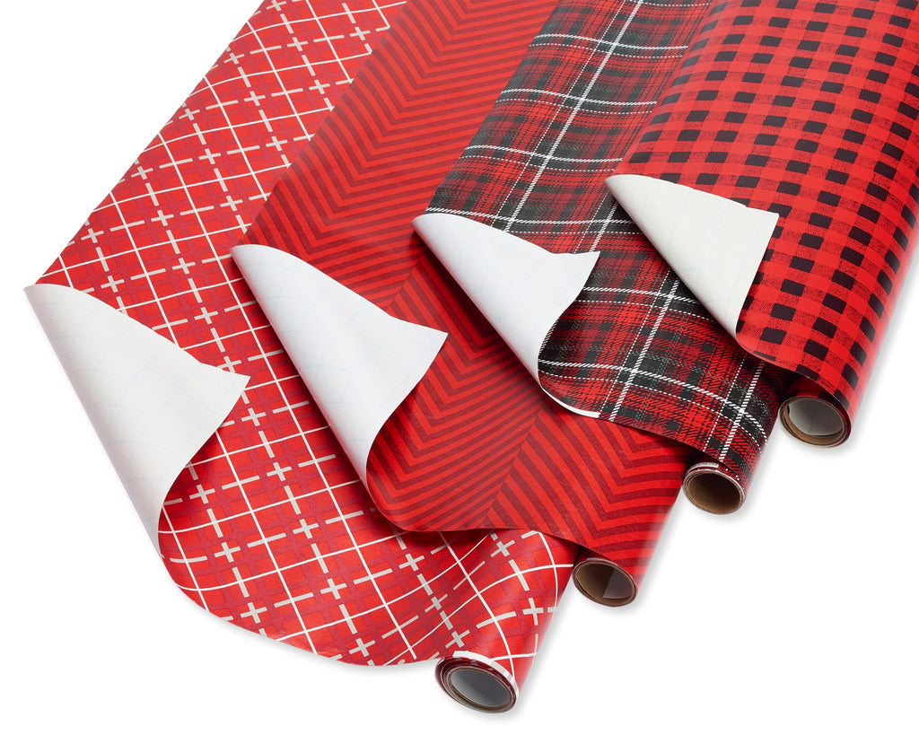 American Greetings Christmas Wrapping Paper, Red and Black Buffalo Plaid Holiday Gift Wrap Set (120 sq.ft., 4 rolls-30 in. x 12 ft., 7 Adhesive Bows, 30 Gift Tag Stickers) Rustic, Snowflakes, Reindeer