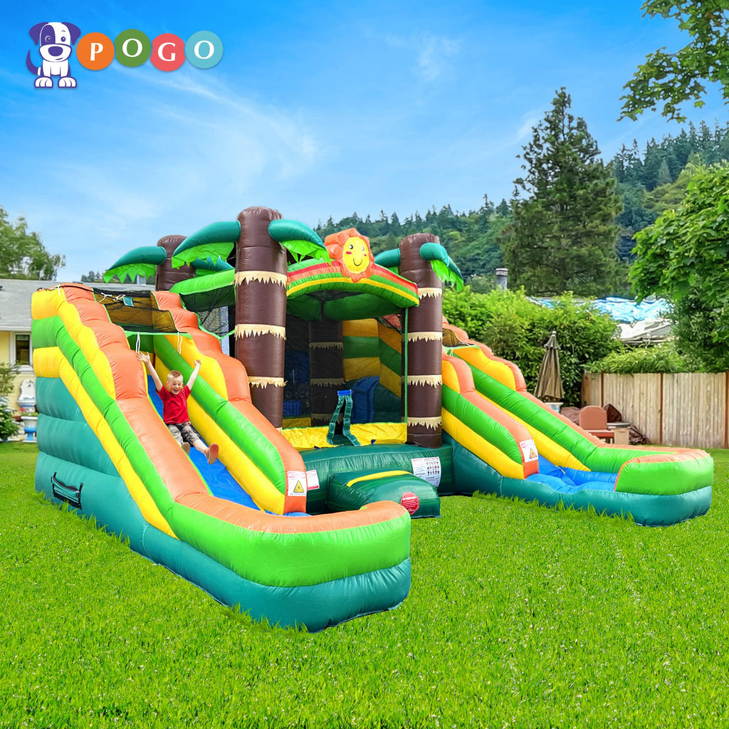 Crossover Tropical Double Water Slide Bounce House Combo, 16.5 x 15 x 11 Foot, PVC Vinyl Inflatable Bouncy House for Kids, Wet or Dry Slides, with Stakes, Storage Bag and 1 HP Blower