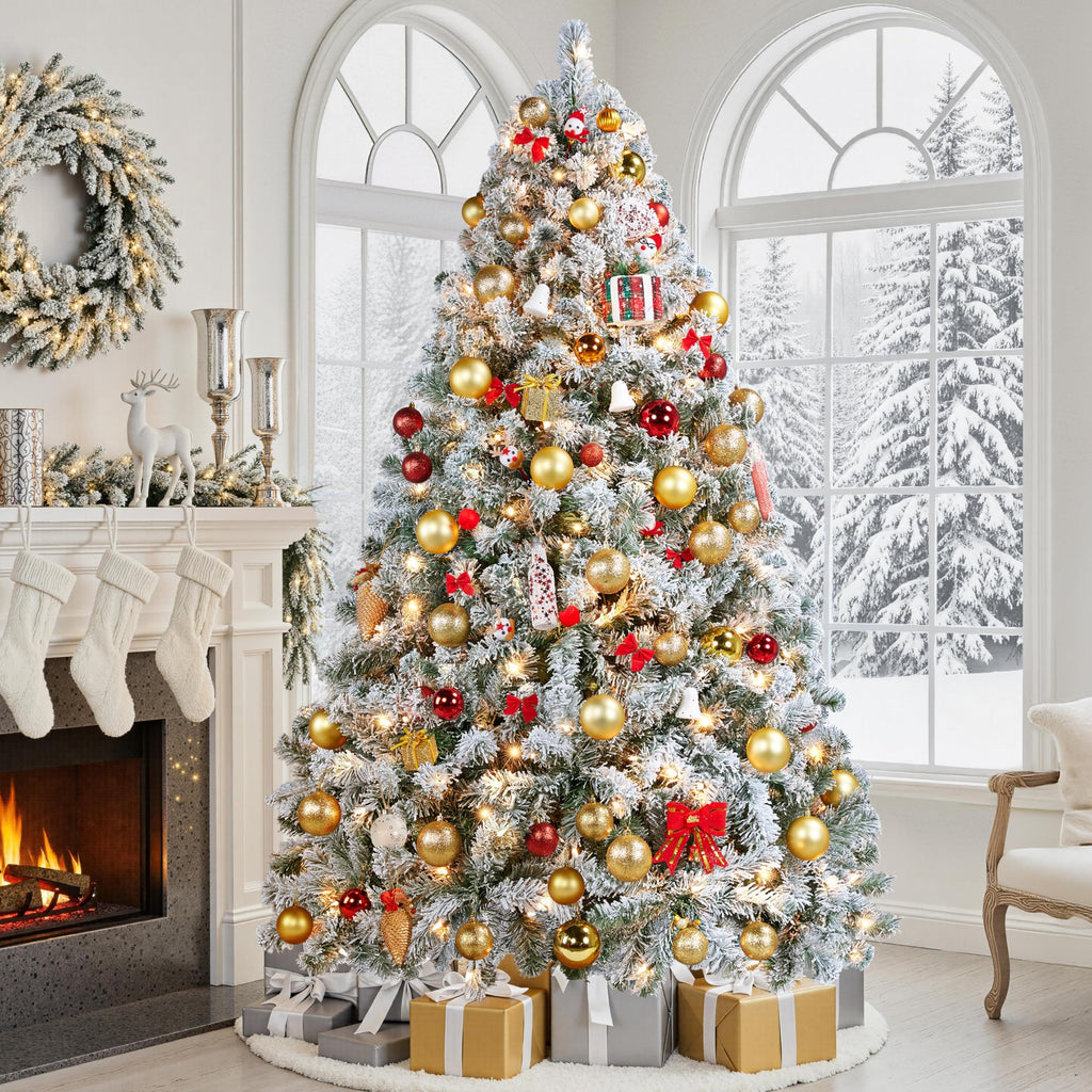 Yaheetech 6ft Snow Flocked Pre-lit Christmas Tree with 250 Warm White Lights, 820 Lush Branch Tips & Quick-Assembly Hinged Design, Full Artificial Xmas Tree for Winter Holiday Décor, Green & White
