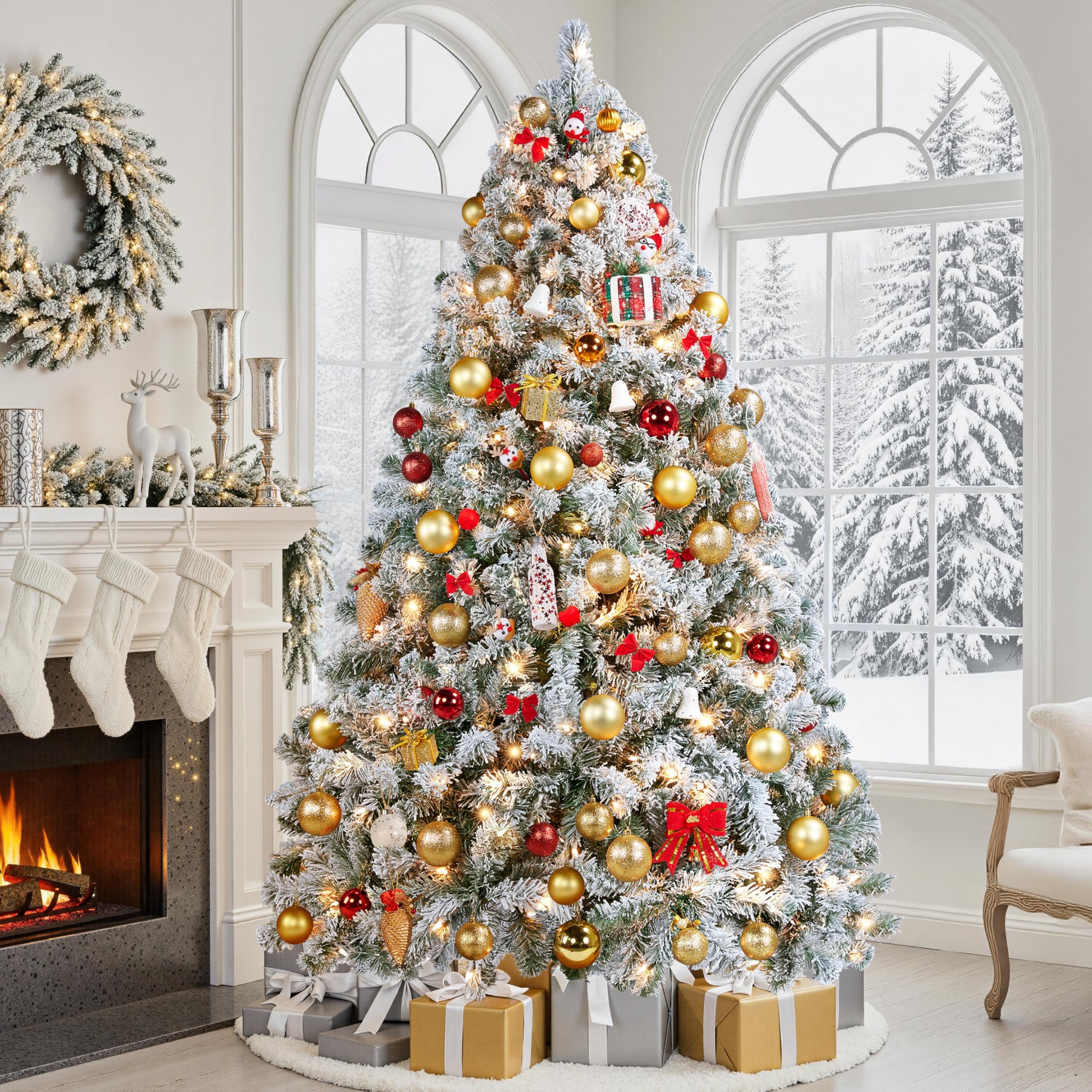 Yaheetech 6ft Snow Flocked Pre-lit Christmas Tree with 250 Warm White Lights, 820 Lush Branch Tips & Quick-Assembly Hinged Design, Full Artificial Xmas Tree for Winter Holiday Décor, Green & White