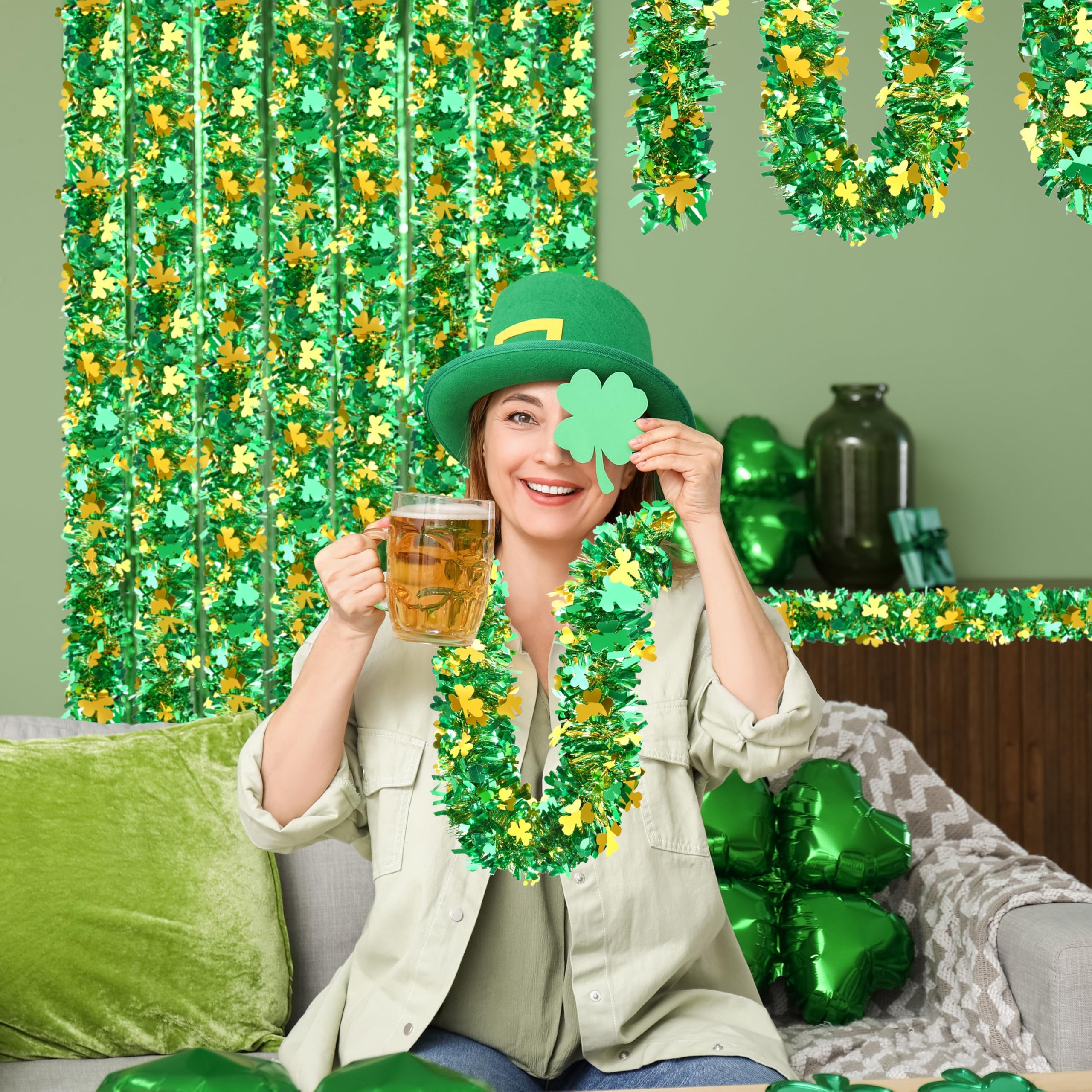 50FT St. Patrick's Day Tinsel Garland Shamrock Hat Green Gold Metallic Tinsel Twist Garland for Irish Saint Patricks Day Party Home Decor Indoor Outdoor Decoration