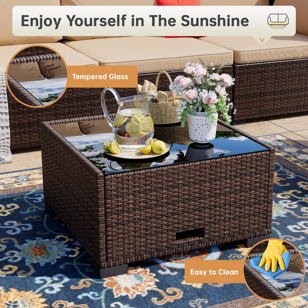 LHBcraft 7 Piece Patio Outdoor Furniture Set, Outdoor Sectional, All-Weather Manual Weaving PE Rattan Wicker Patio Sectional Sofa, Rattan Outside Furniture with Black Cushion and Glass Coffee Table