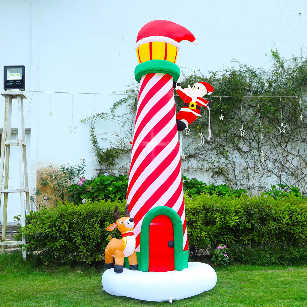 Lulu Home 9FT Christmas Inflatable Decorations, Giant Lighted Lighthouse with Santa and Reindeer, Xmas Blowups with Drawstring Bags for Winter Holiday Yard Lawn Garden Outdoor Decor