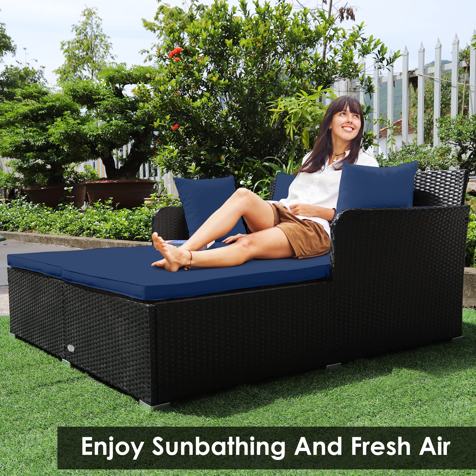 Tangkula Patio Rattan Daybed with Retractable Canopy, Outdoor Wicker Sunbed Lounger with 2 Foldable Side Tables, Thick Seat & Back Cushions, Outside Double Daybed for Garden, Backyard, Porch