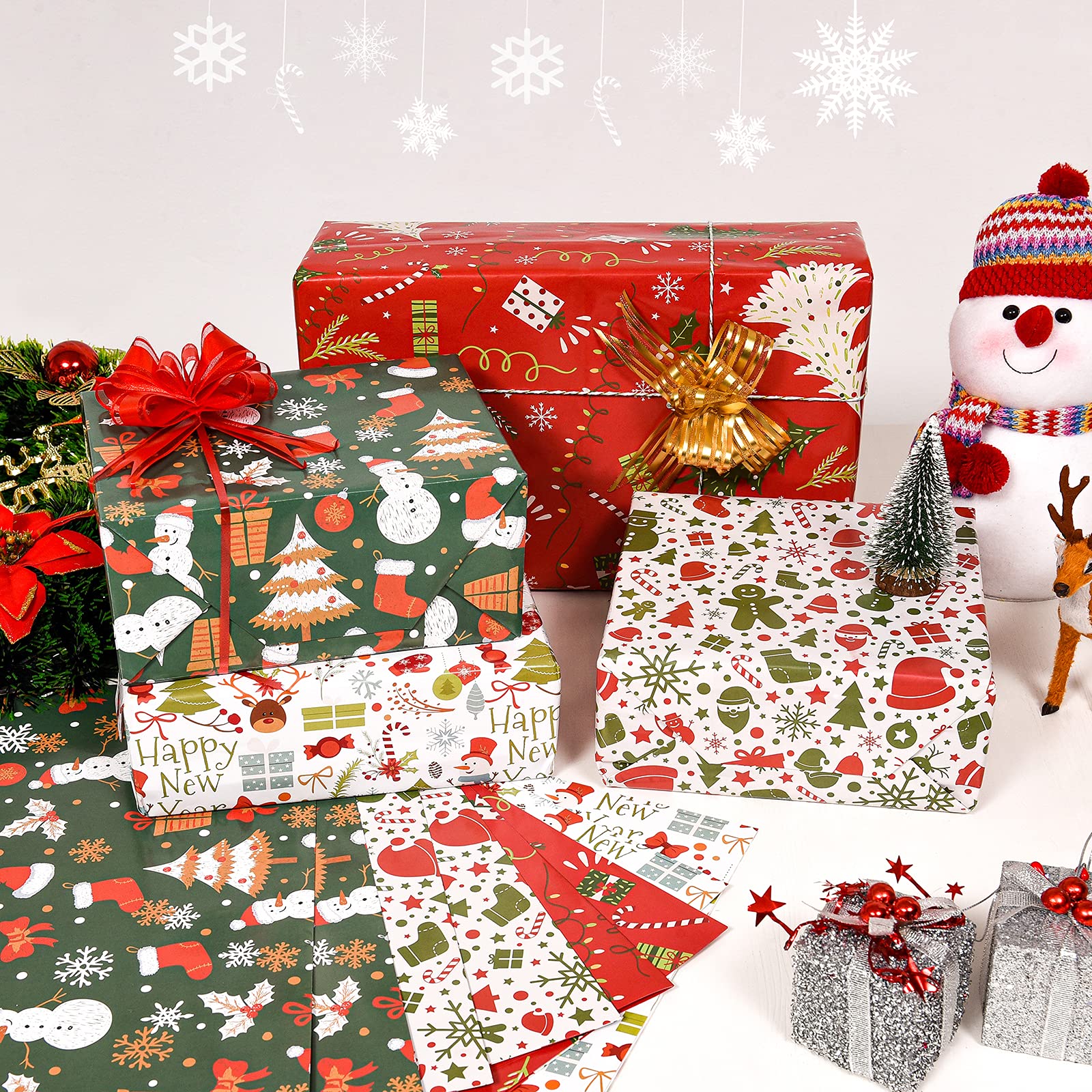 Christmas Wrapping Paper Folded for Kids Boys Girls Man Women Gift's. Papercraft Snowmen, Candy Canes, Tree, Socks, Snowflakes, Happy New Year Bulk of 12 Sheets 20"x 29" Folded