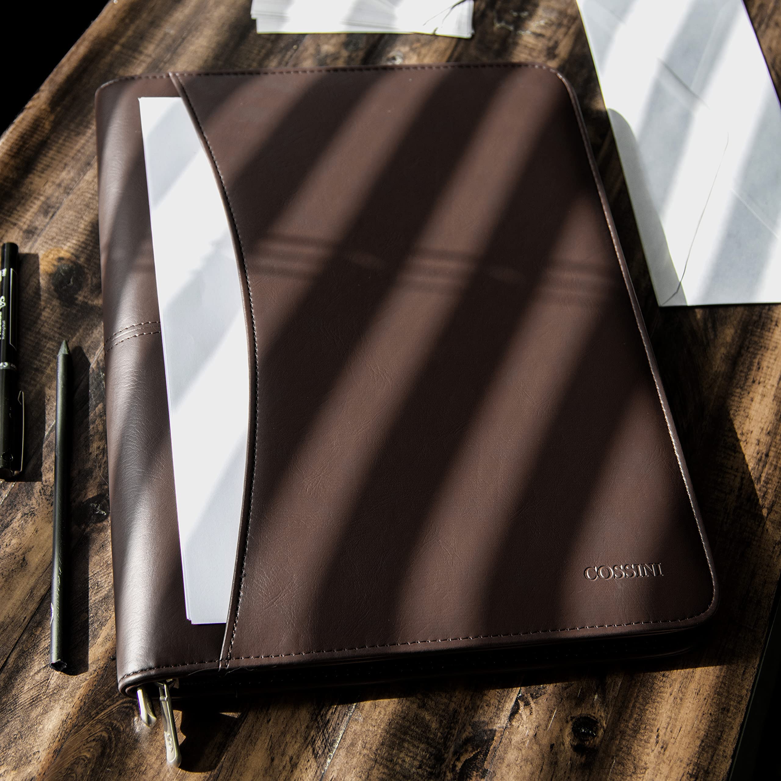 Cossini Black Superior Vegan Leather Business Portfolio with Zipper – Padfolio All-in-One. Smartest Protective 10.1 Inch Tablet Sleeve, Presentation Slot, Solar Calculator, Card Storage, Writing Pad