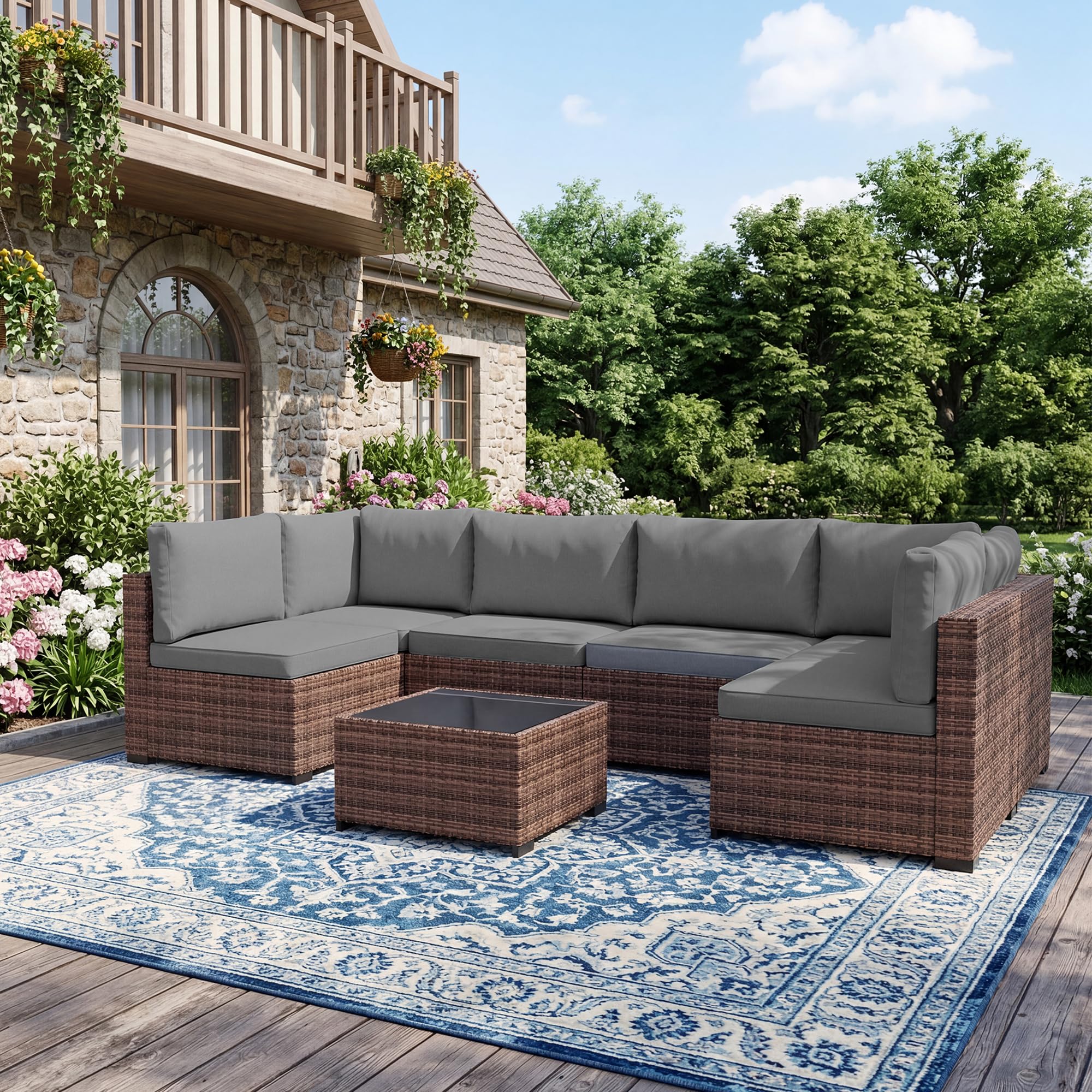 LHBcraft 7 Piece Patio Outdoor Furniture Set, Outdoor Sectional, All-Weather Manual Weaving PE Rattan Wicker Patio Sectional Sofa, Rattan Outside Furniture with Black Cushion and Glass Coffee Table