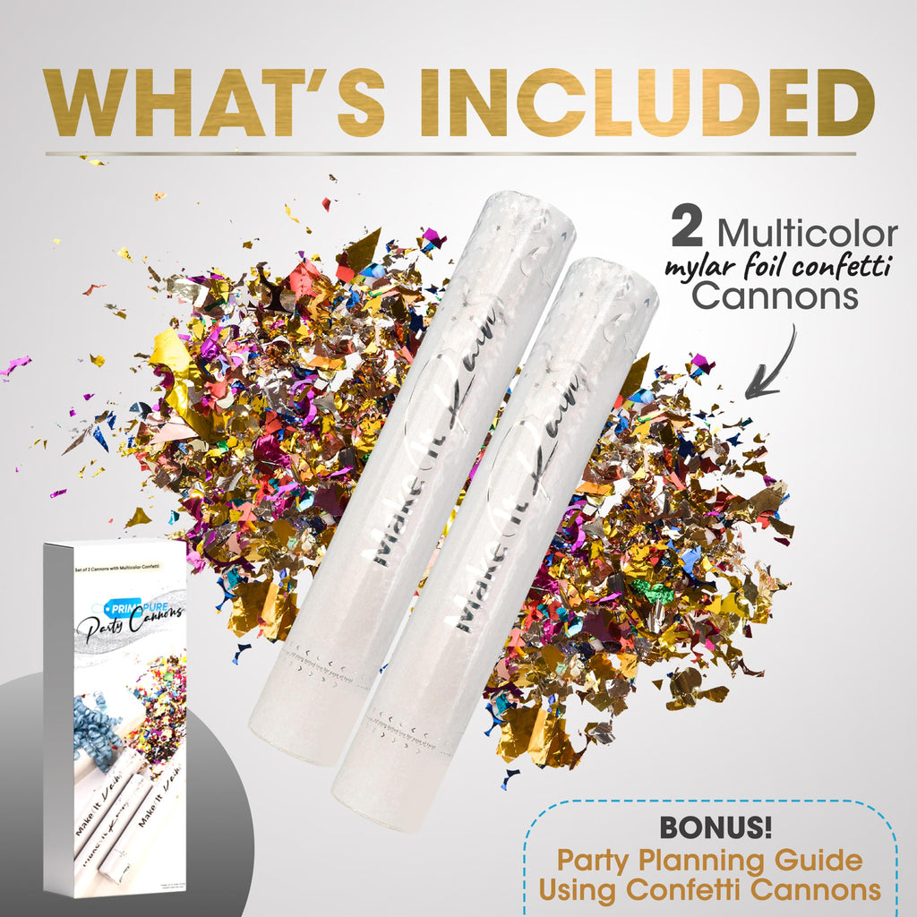 PrimePure Confetti Cannon Party Poppers - Gold Star Confetti Poppers - 2 Pack - Make It Rain Gold Glitter Stars Party Cannons Pop Gun for Birthday, Wedding, Graduation, Celebration, Events, Pranks