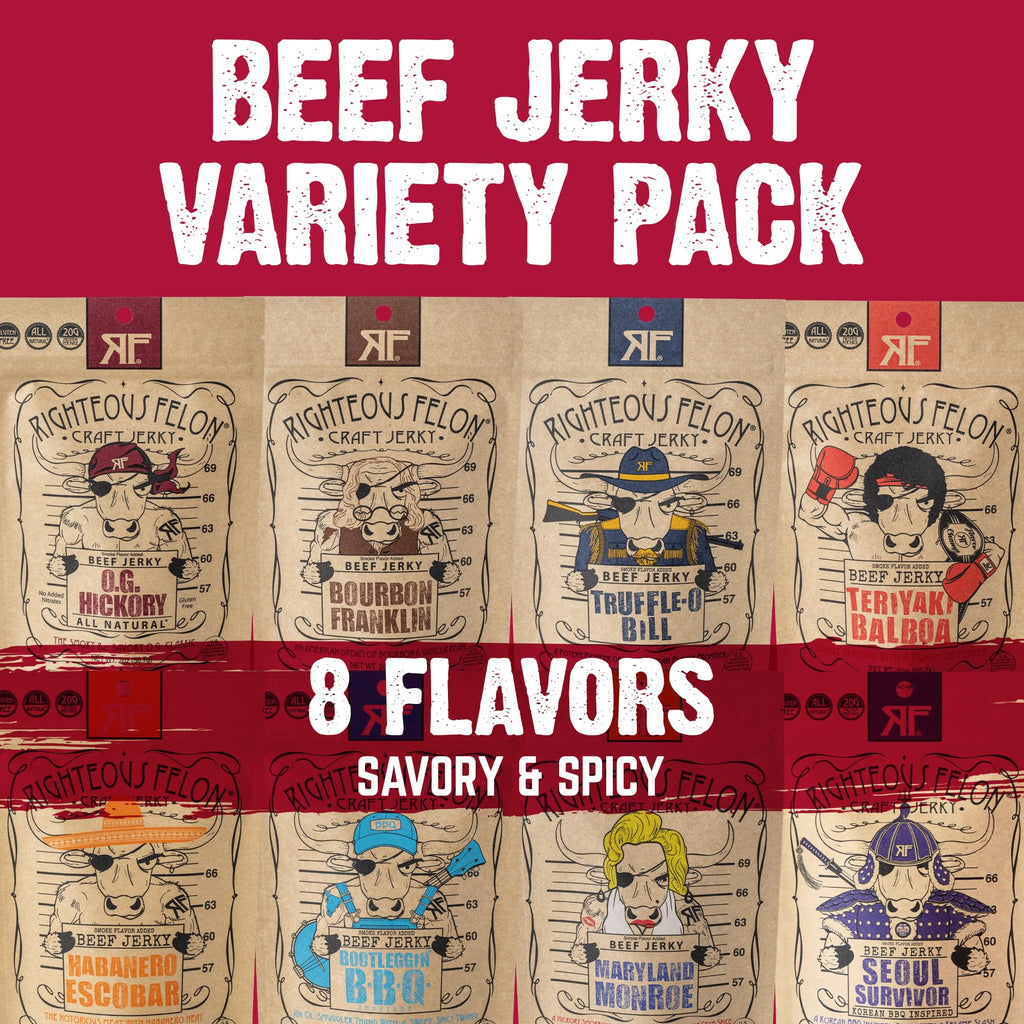 Righteous Felon Beef Jerky & Meat Sticks Variety Pack - Father's Day Jerky Sampler for Dad - Gluten Free Beef Jerky Snack Packs - High Protein, Keto, Low Sugar - Gifts for Men - 11 Pack Sampler