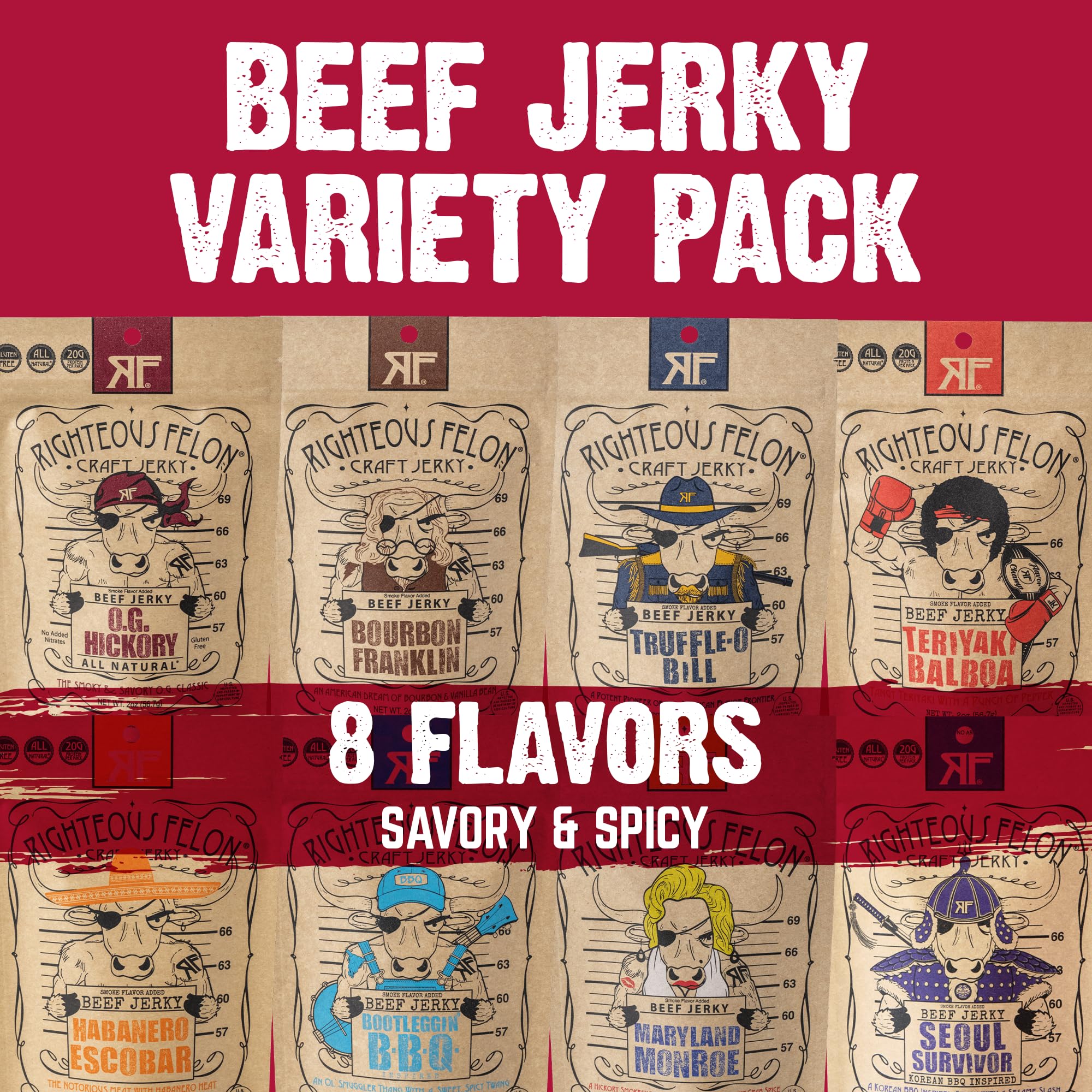 Righteous Felon Beef Jerky & Meat Sticks Variety Pack - Father's Day Jerky Sampler for Dad - Gluten Free Beef Jerky Snack Packs - High Protein, Keto, Low Sugar - Gifts for Men - 11 Pack Sampler