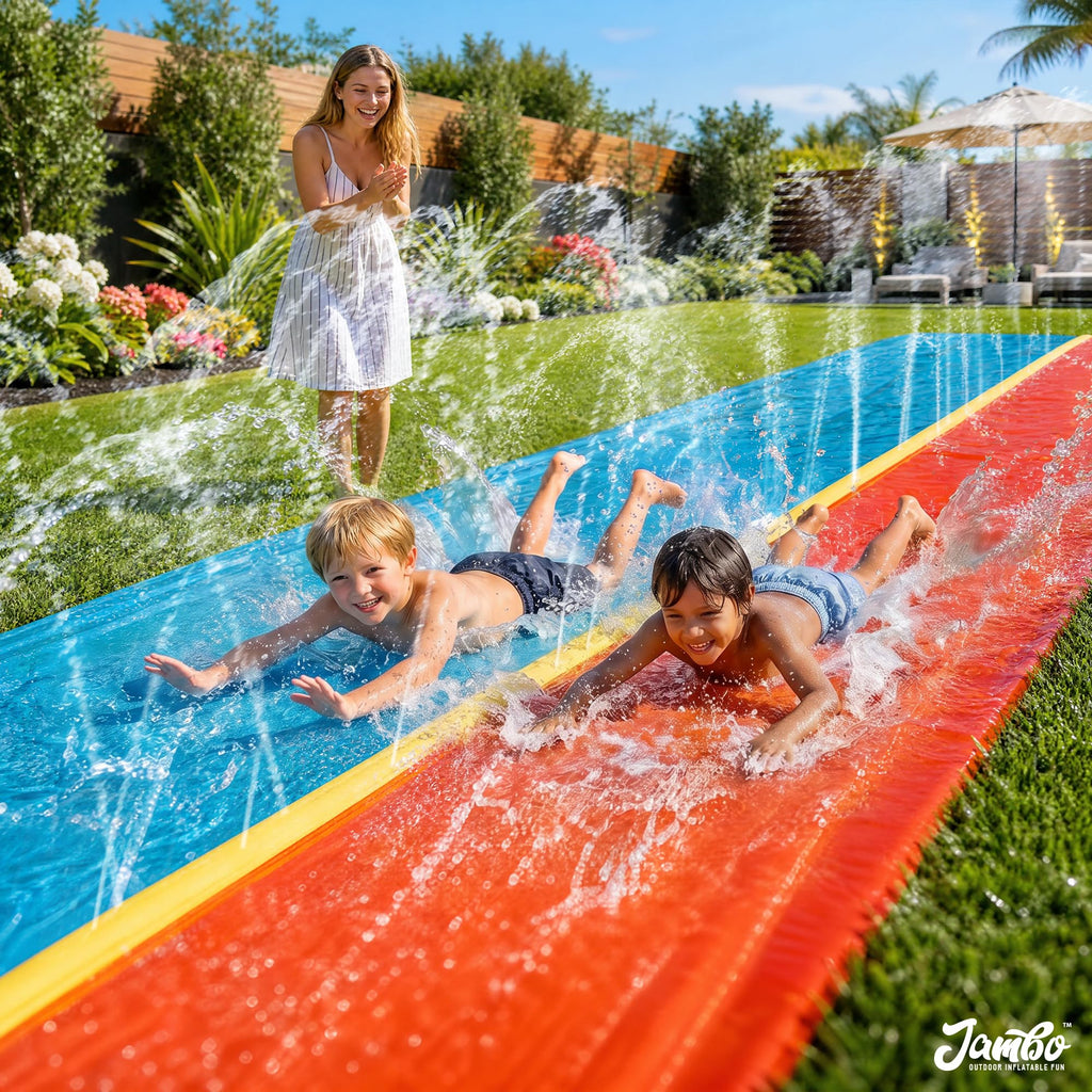 JAMBO Premium Triple Water Slide with 3 Bodyboards, 20Ft Heavy Duty Slip Splash and Slides-Advanced 3-Way Sprinkler System, Splash Pad Mat Backyard Summer Outdoor Water Toys n Long Slides for Kids